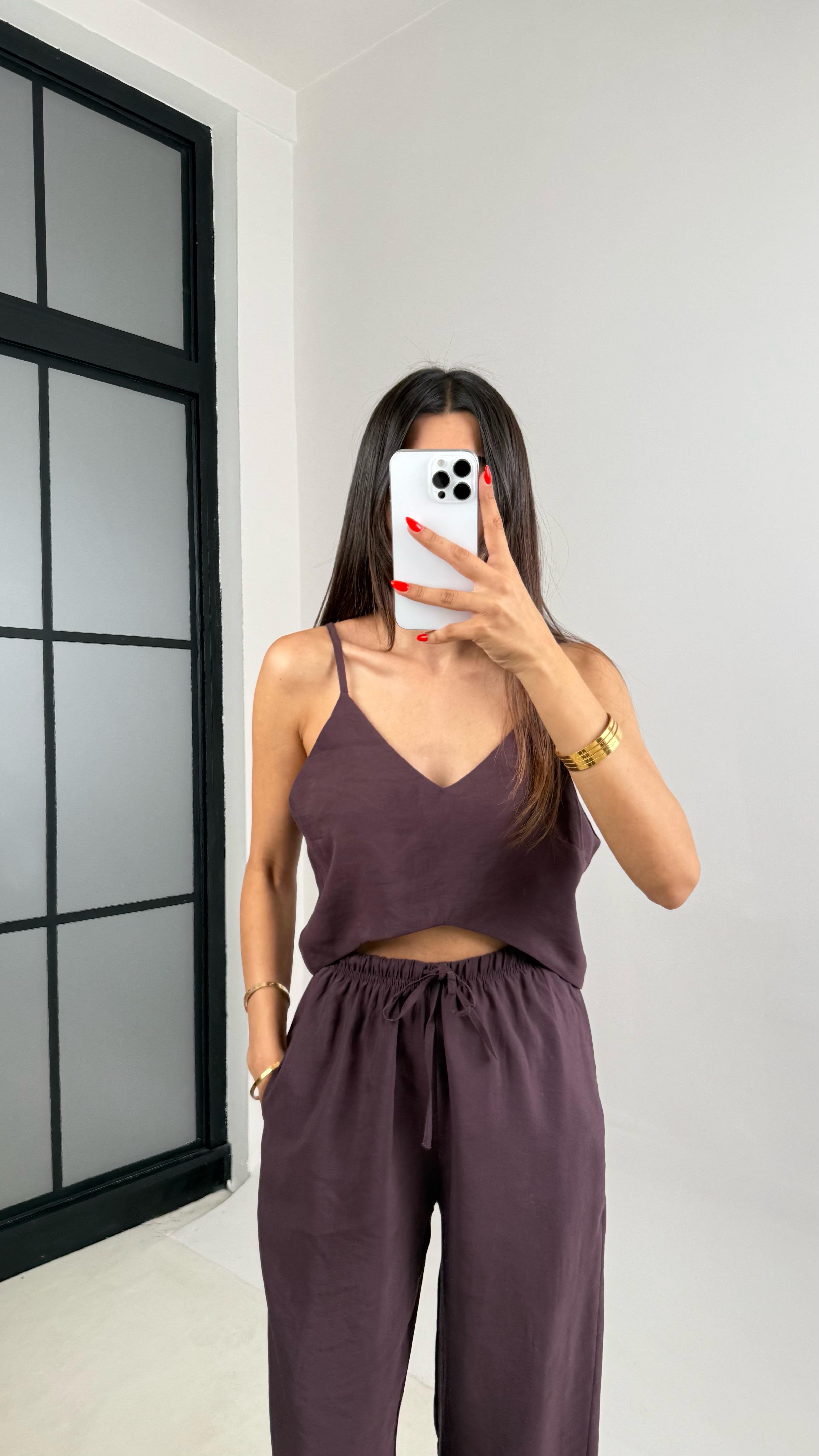 Mürdüm Ayarlanabilir Askılı Bluz Beli Lastikli Pantolon Tencel Takım GAUS-0015GAUSTAKIMGAUS-0015