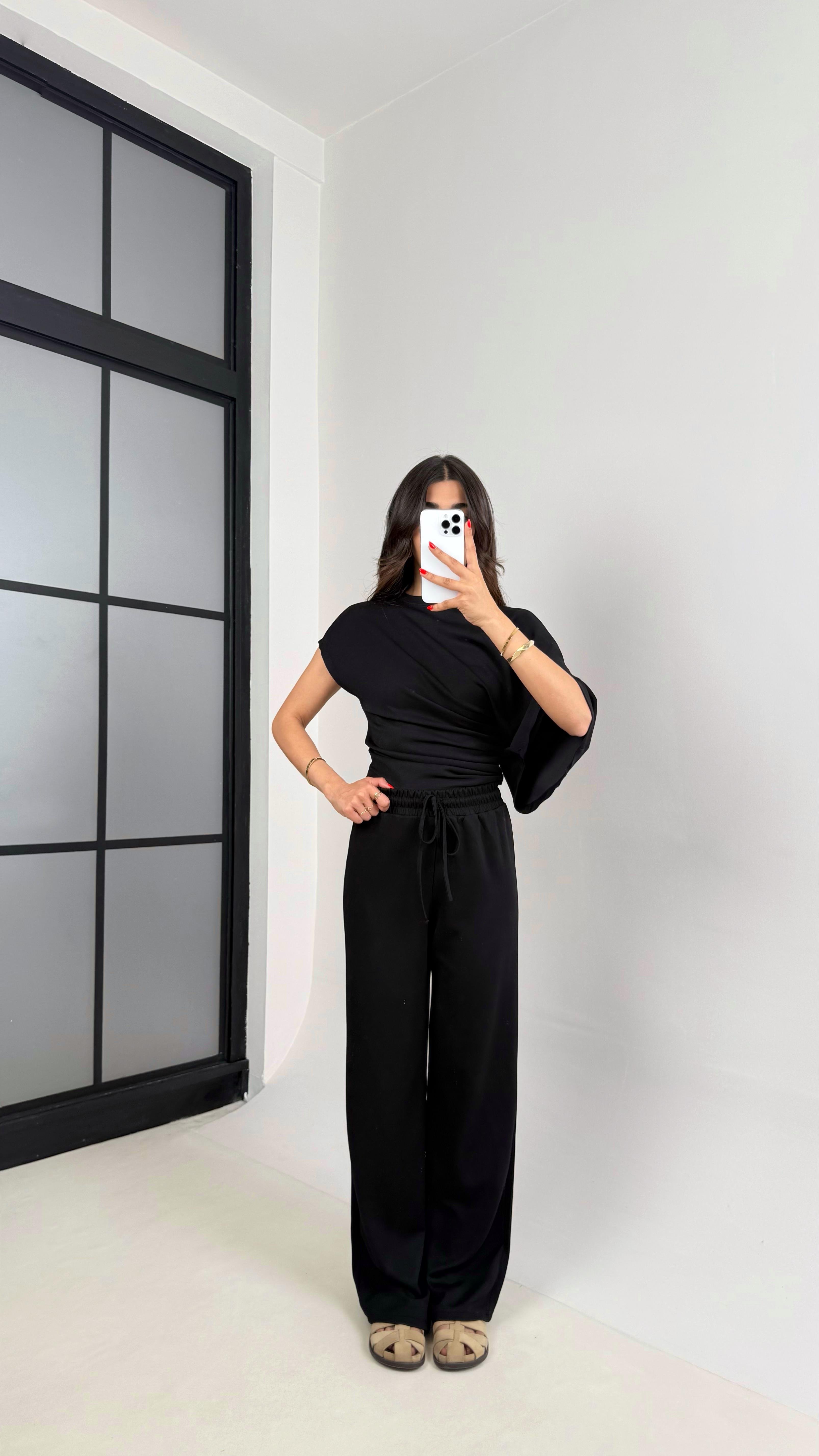 Siyah Yarasa Kol Bluz Beli Lastikli Pantolon Tasarım Modal Kumaş Takım Gaus00490GausTAKIMGU1002151