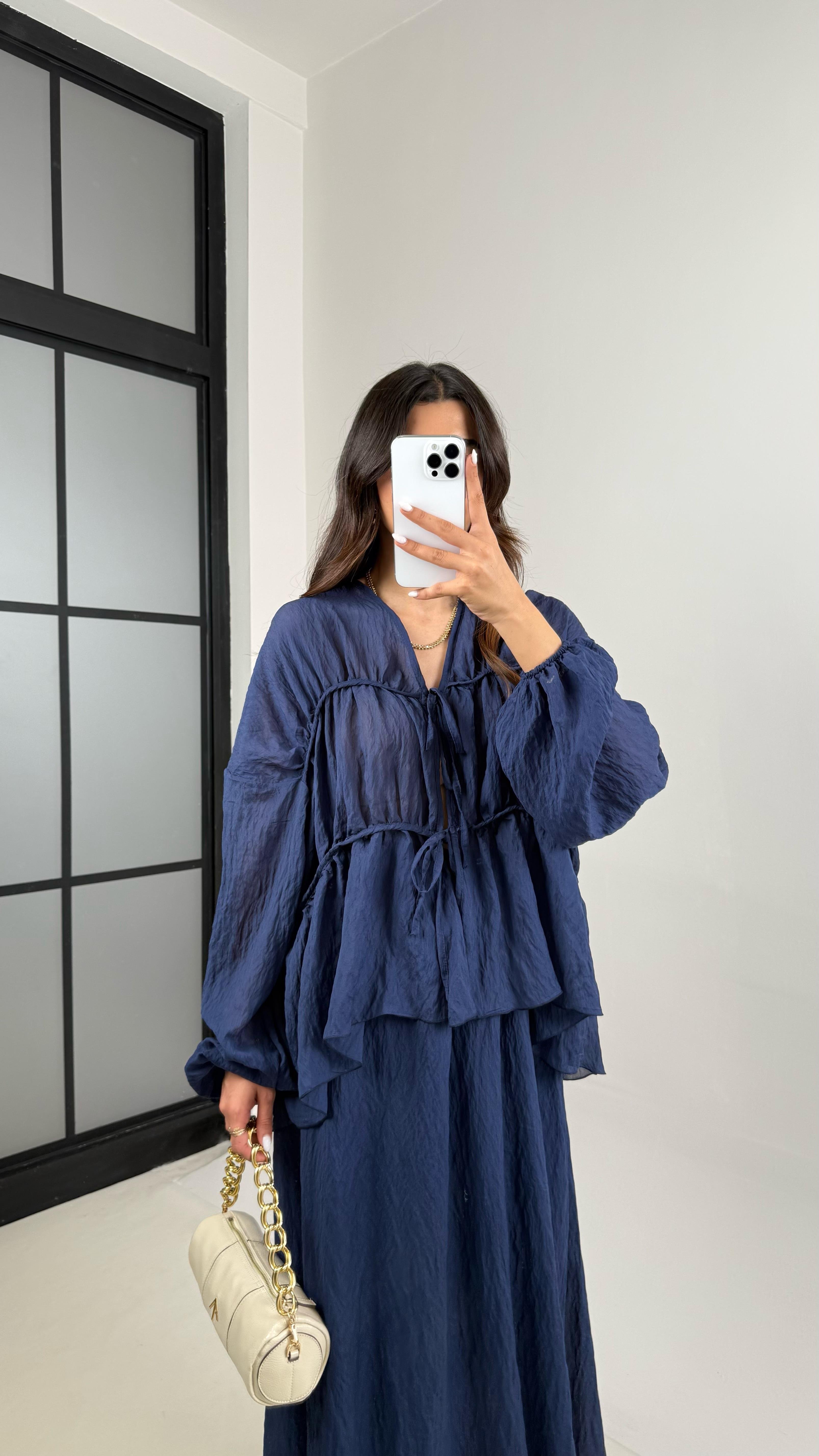 Lacivert Gipeli Önden Bağlamalı Üst Astarlı Etek İkili Kırışık Kumaş Takım Gaus00426GausTAKIMGU1001996