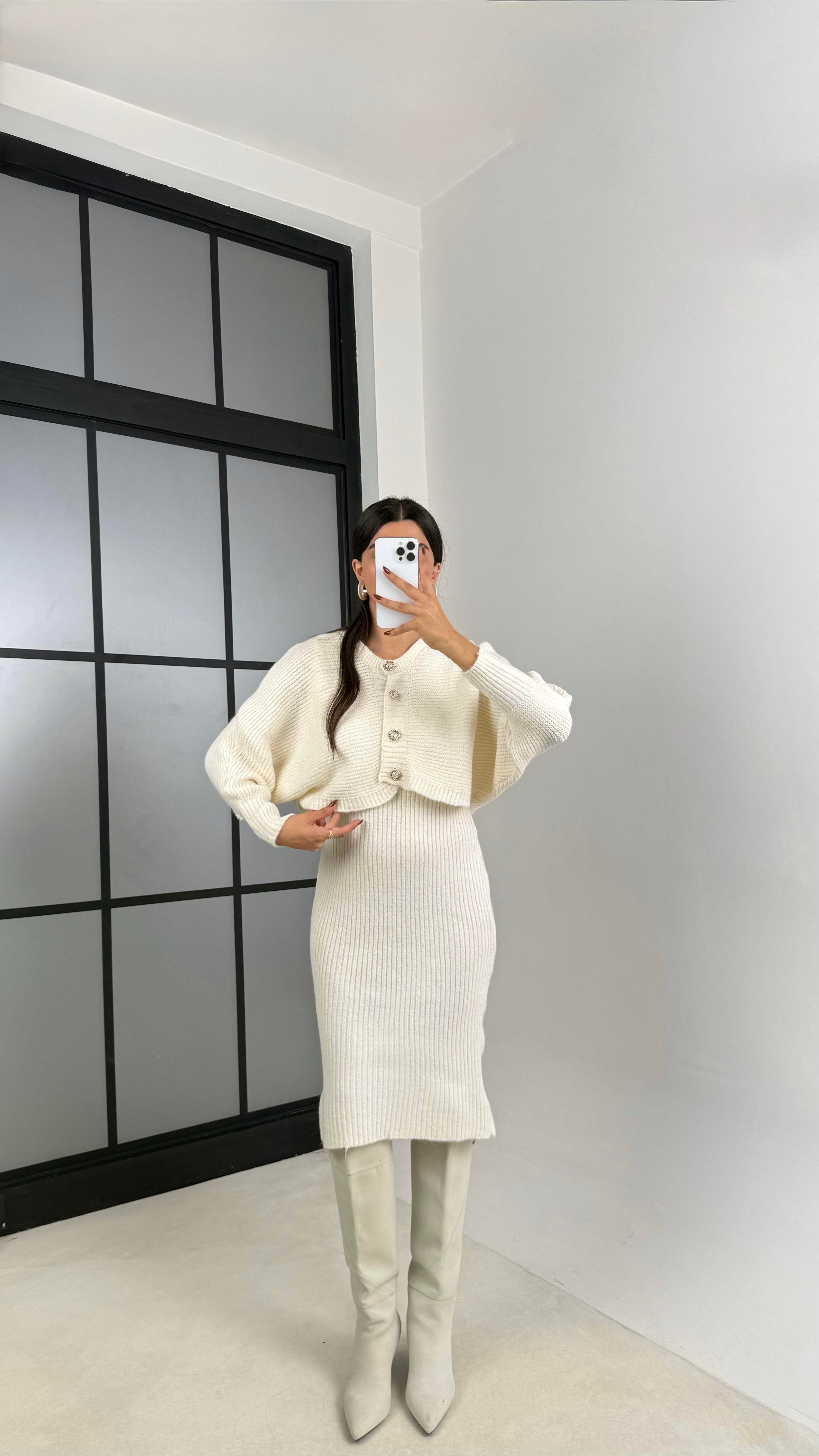 Ekru Hırka Askılı Elbise İkili Triko Takım GAUS-00185GAUSTAKIMGAUS-00185