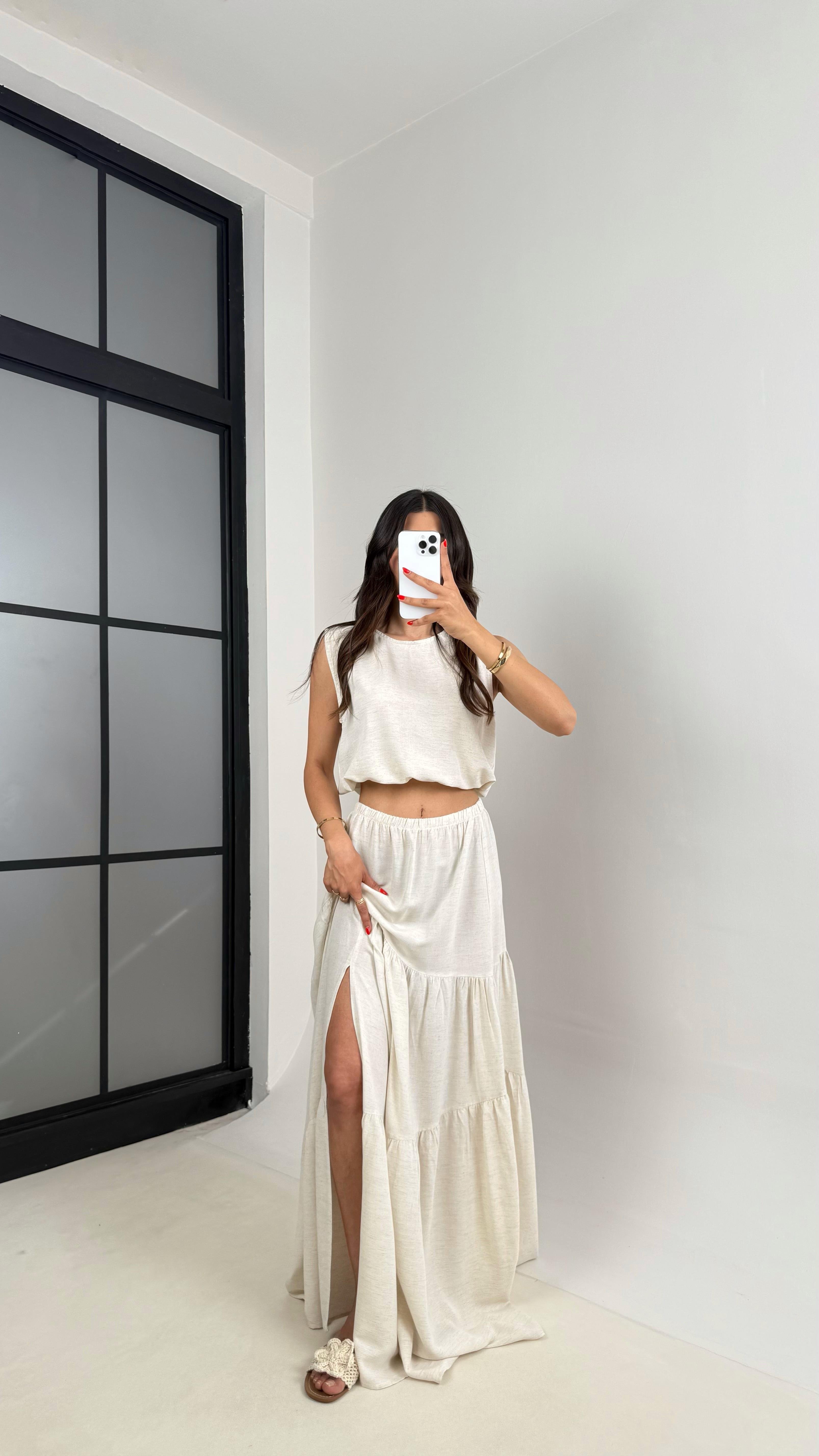 Taş Omzu Açık Bluz Beli Lastikli Etek İkili Keten Takım Gaus00514 GausTAKIMGU1002207