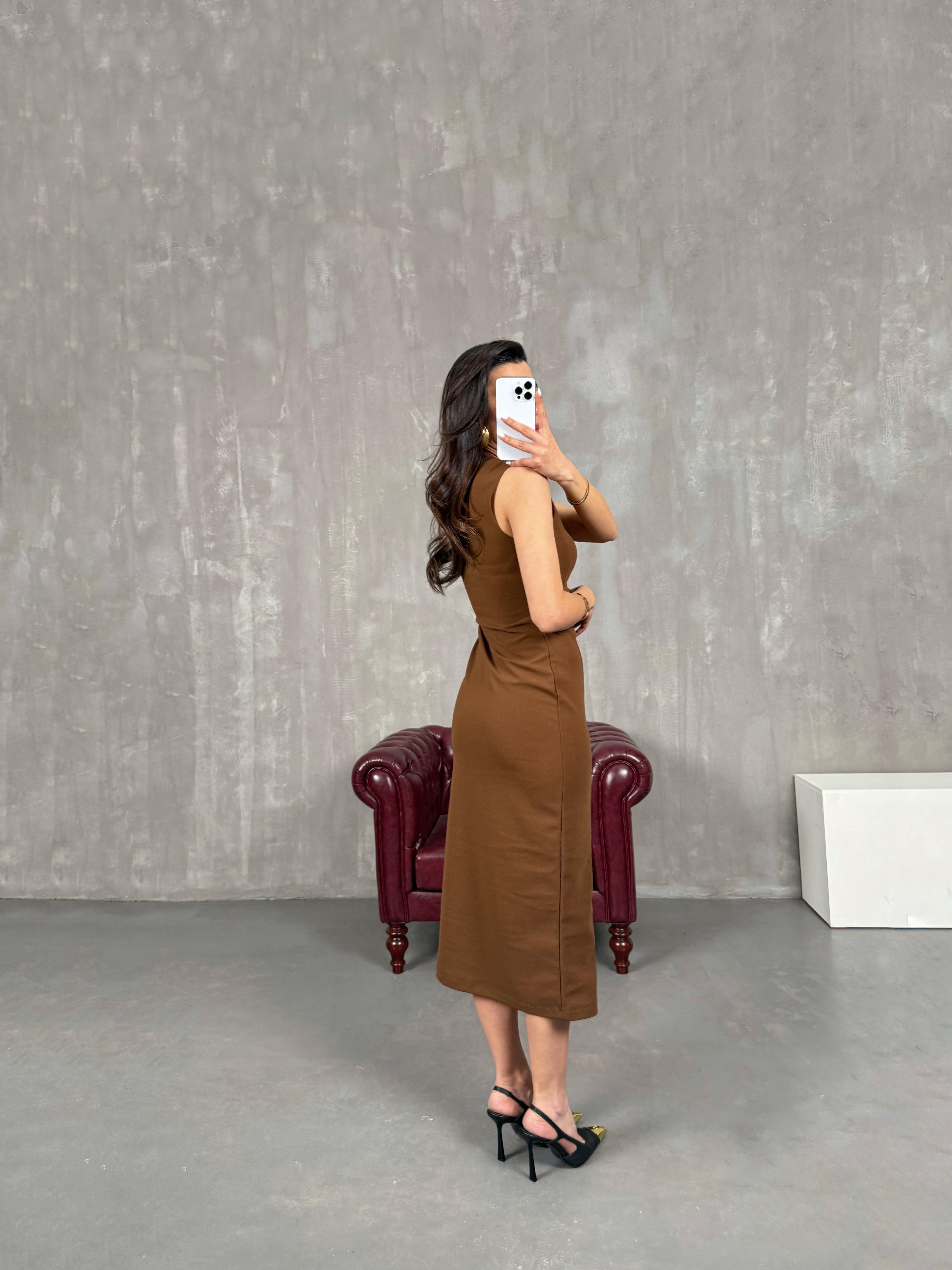 Kahve Yan Mini Kemer Detaylı Elbise Gaus00055GausELBİSEGU1001127
