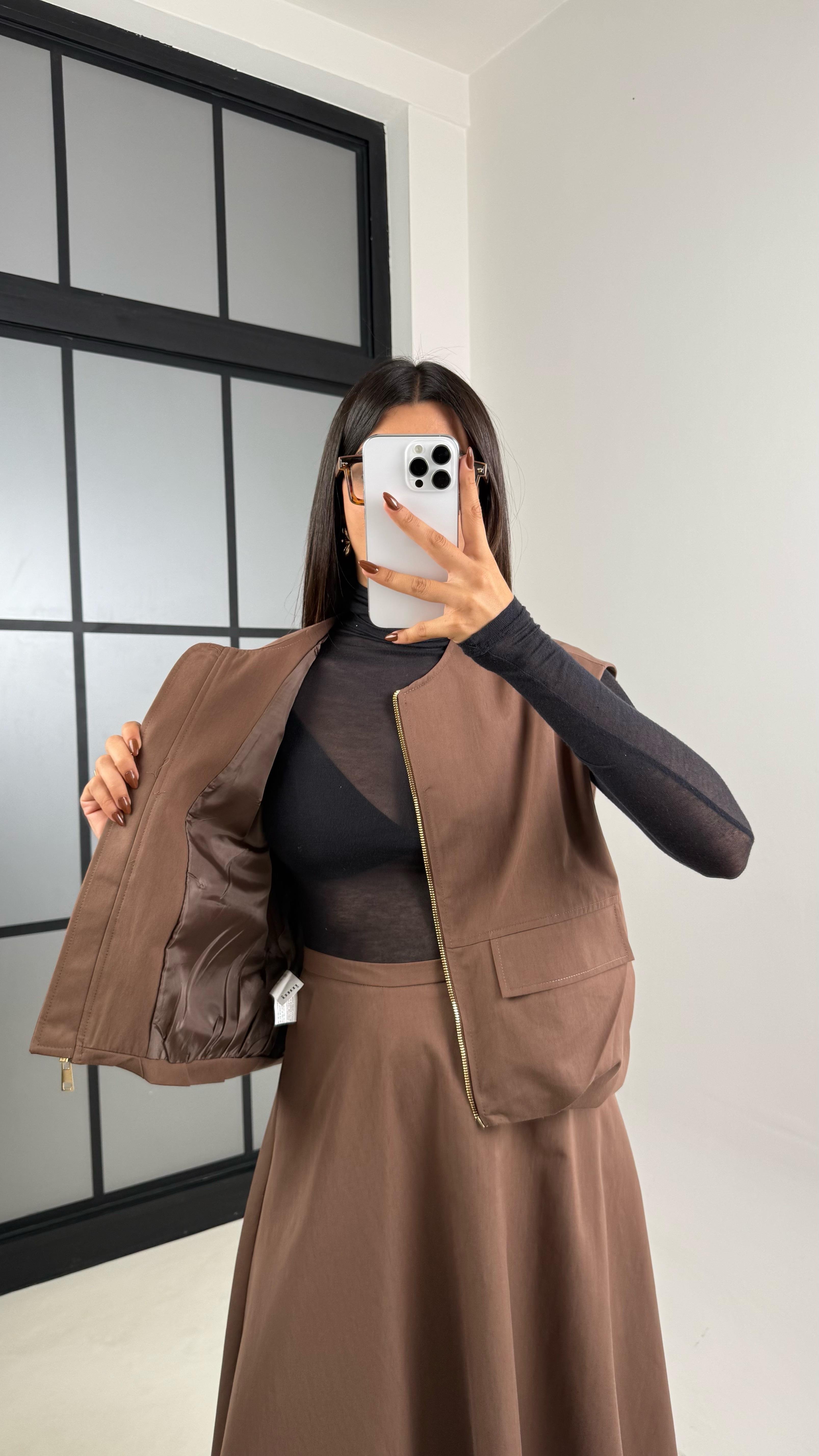 Kahve Astarlı Cep Detaylı Yelek Etek İkili Premium Takım GAUS-00181GAUSTAKIMGAUS-00181