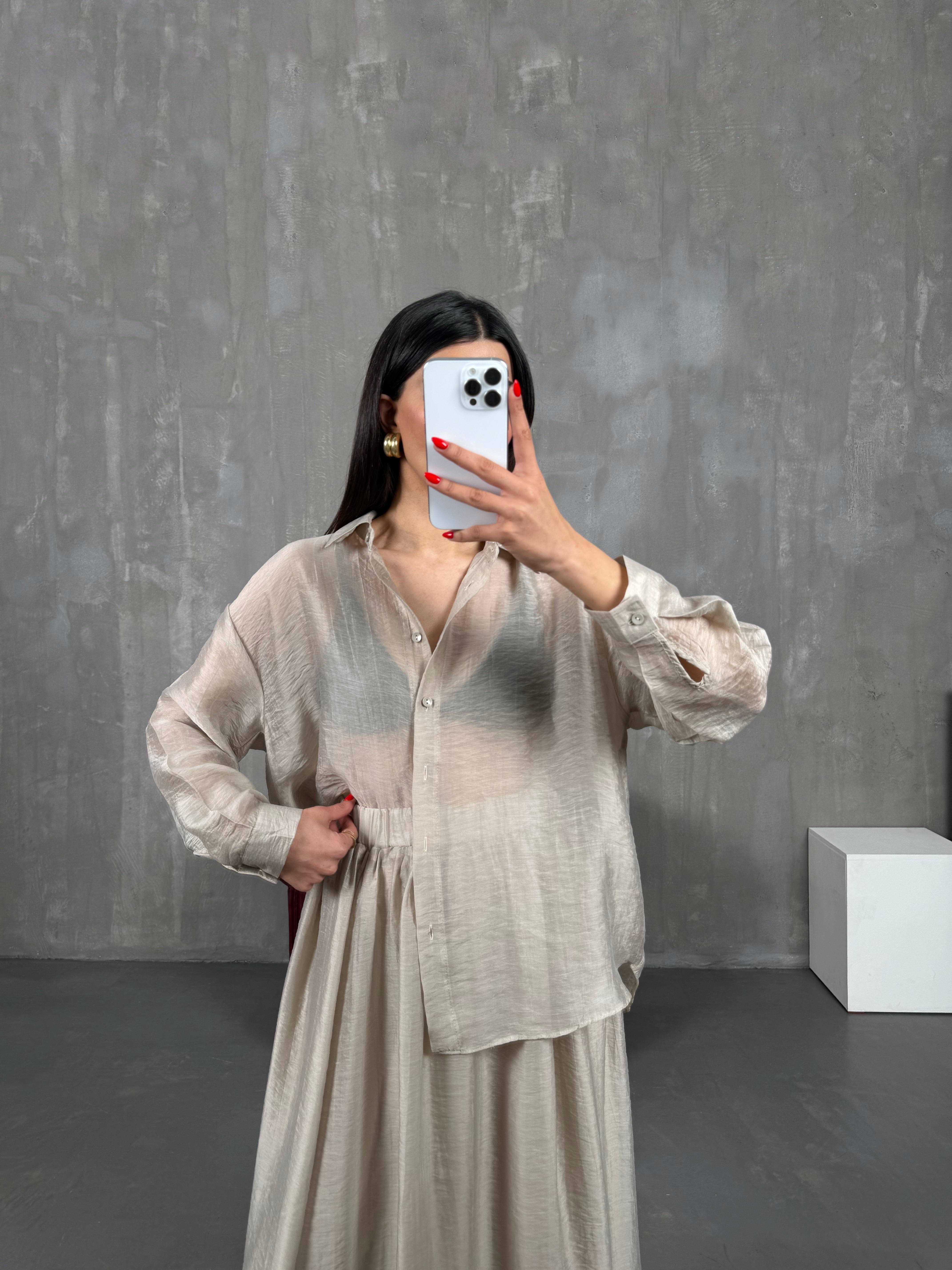 Taş Gömlek Astarlı Beli Lastikli Etek Kırışık Tensel Takım Gaus00158GausTAKIMGU1001365