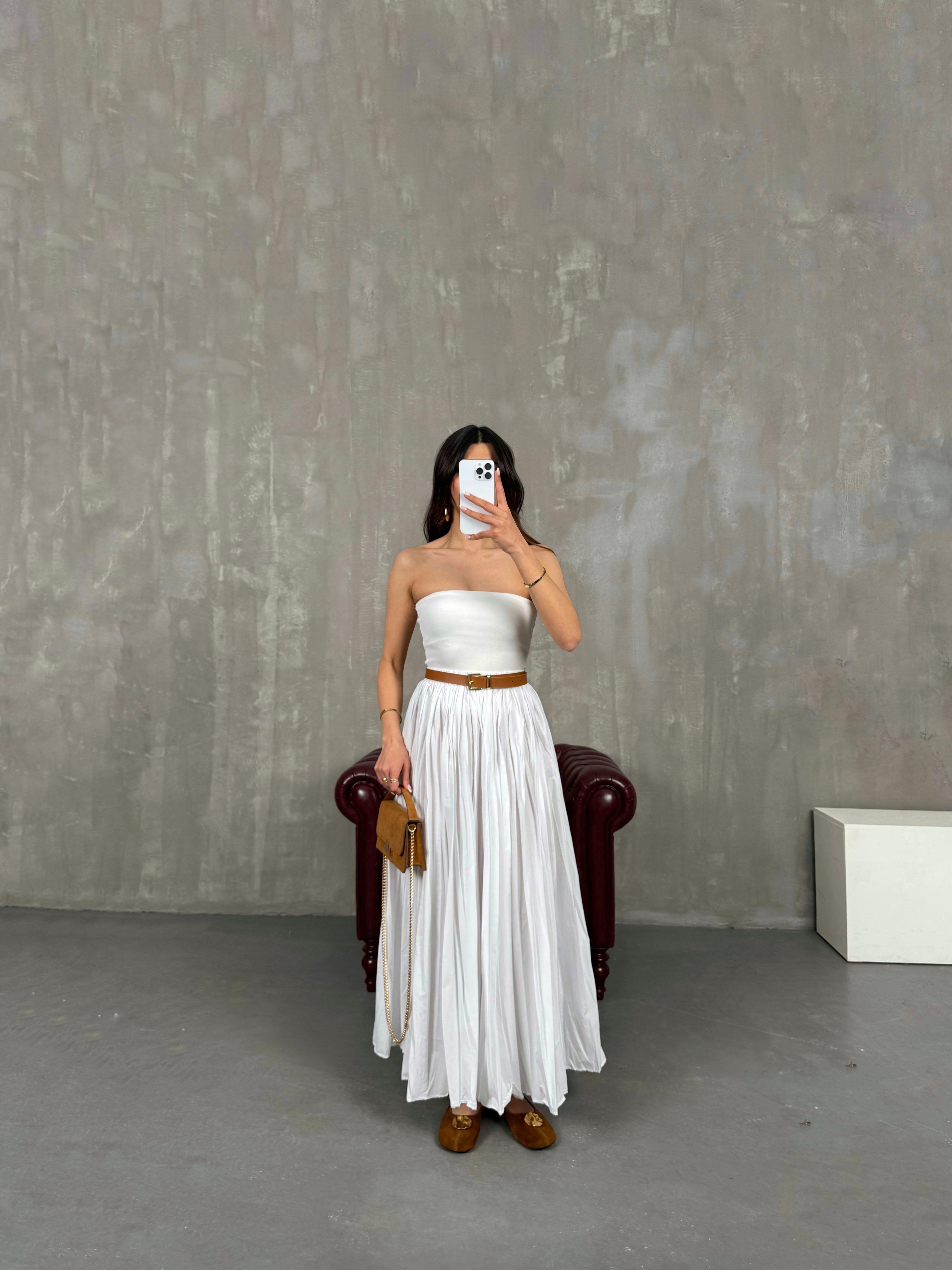 Essa Beyaz Kırışık Kumaş Kraş Maxi Boy Etek Gaus00256GausETEKGU1001595