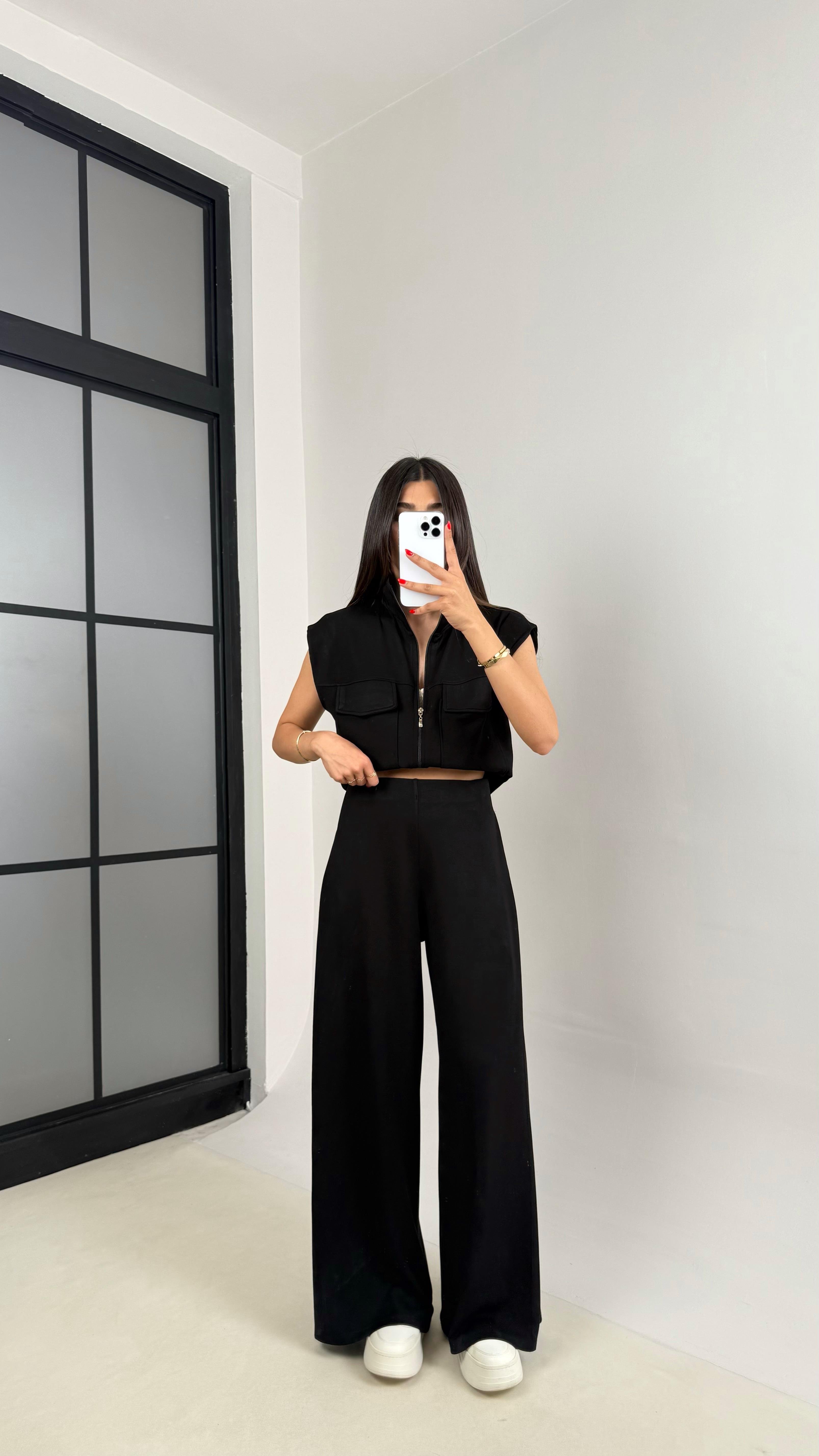 Siyah Cepli Yelek Beli Lastikli Pantolon Modal Eşofman Takım Gaus00523GausTAKIMGU1002229