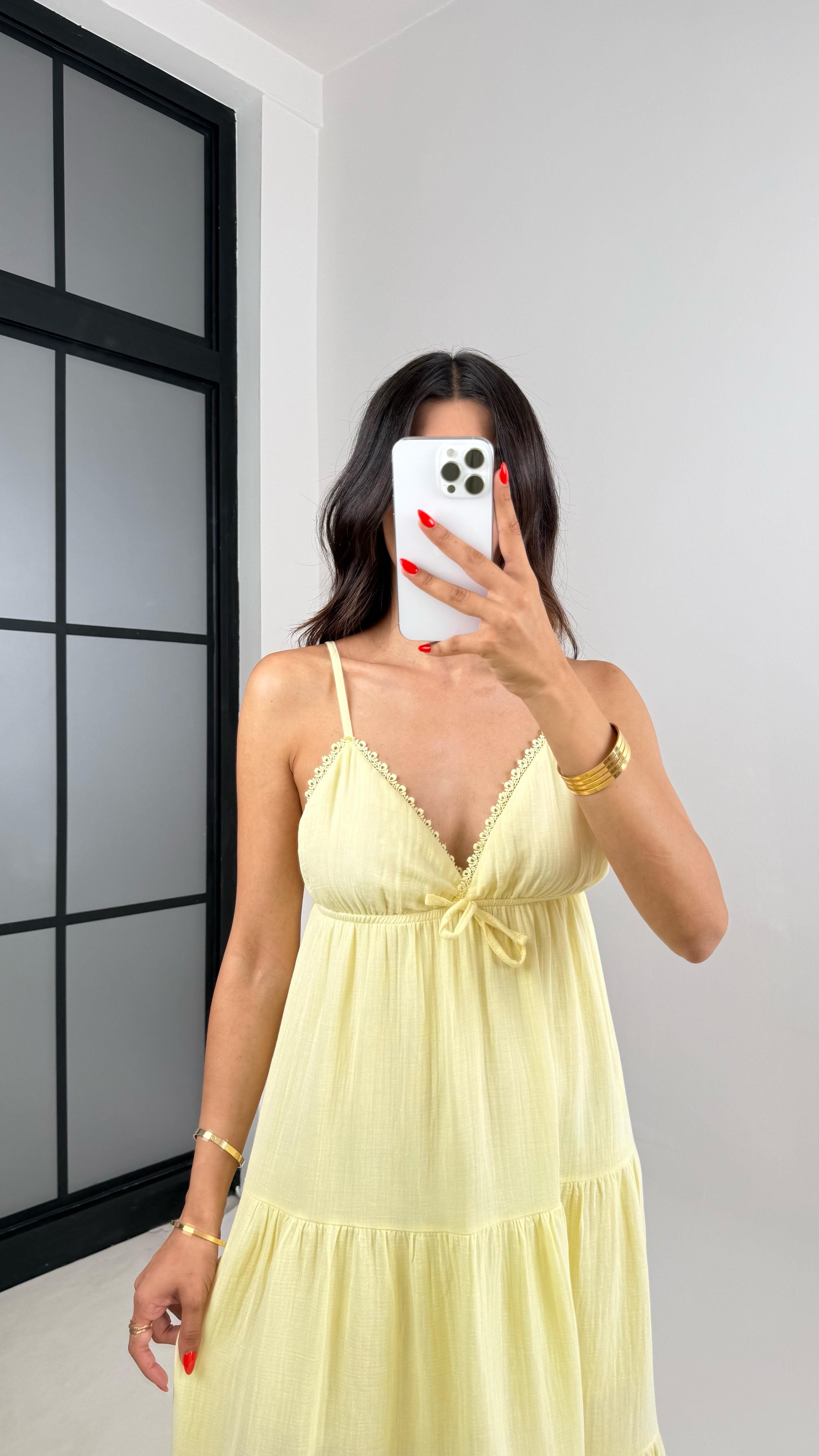 Sarı Ayarlanabilir Askılı Dantel Detaylı Müslin Elbise GAUS-001GAUSELBİSEGAUS-001