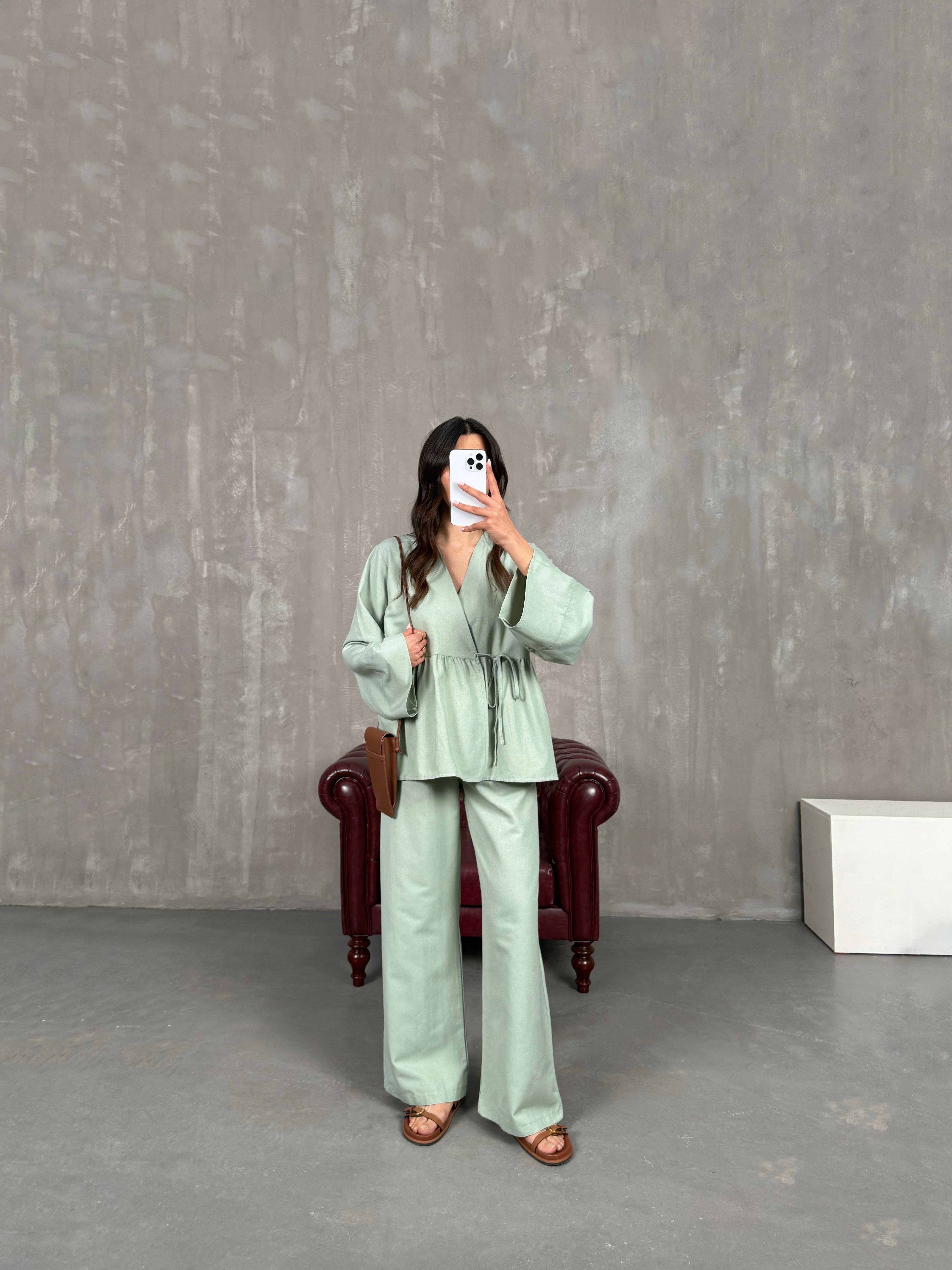 Haki Önü Bağlamalı Gömlek Beli Lastikli Pantolon İkili Keten Takım Gaus00262GausTAKIMGU1001603