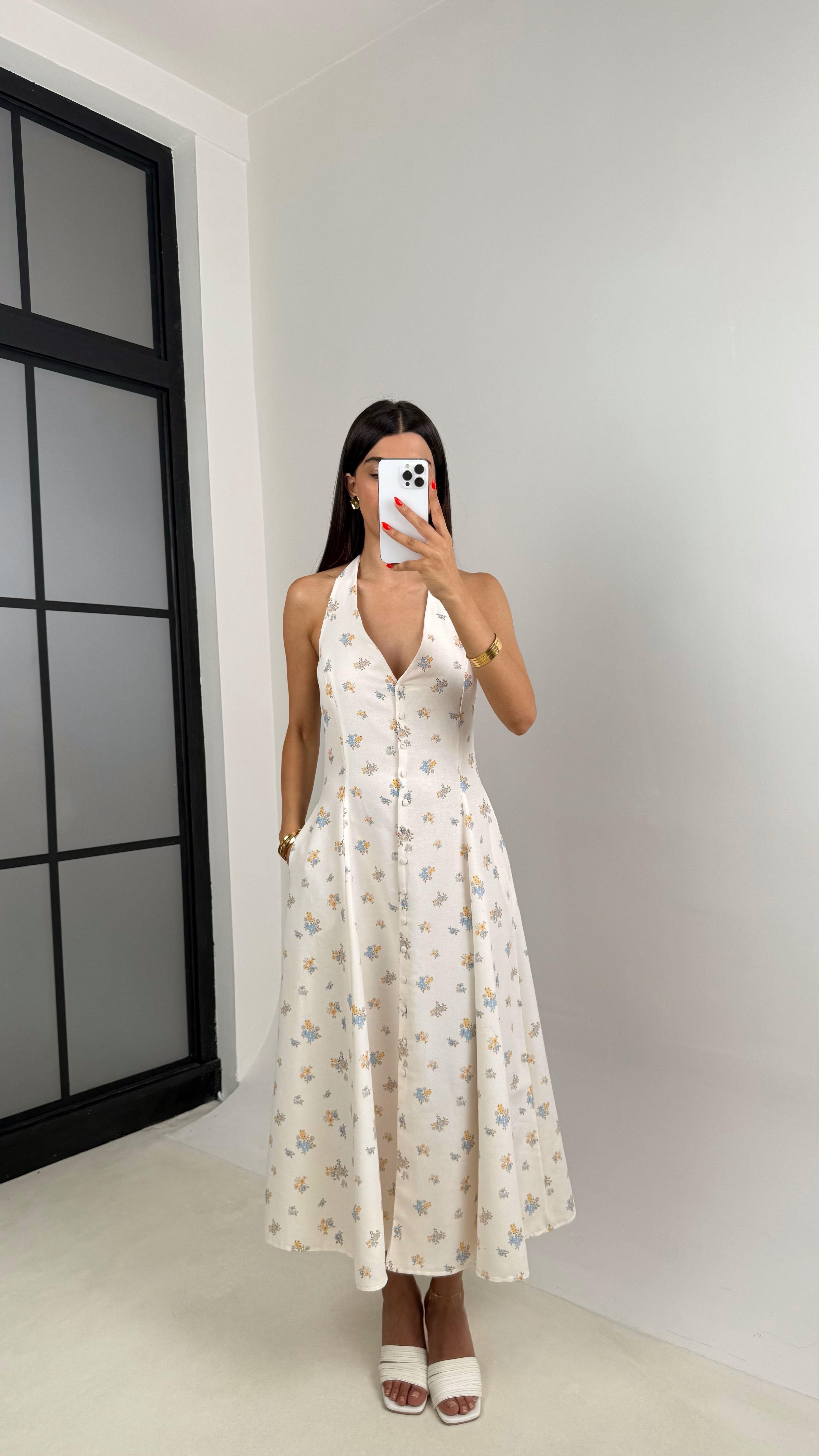 Beyaz Çiçek Desenli Boyundan Bağlamalı Önü Düğmeli Astarlı Keten Elbise GAUS-0019GAUSELBİSEGAUS-0019