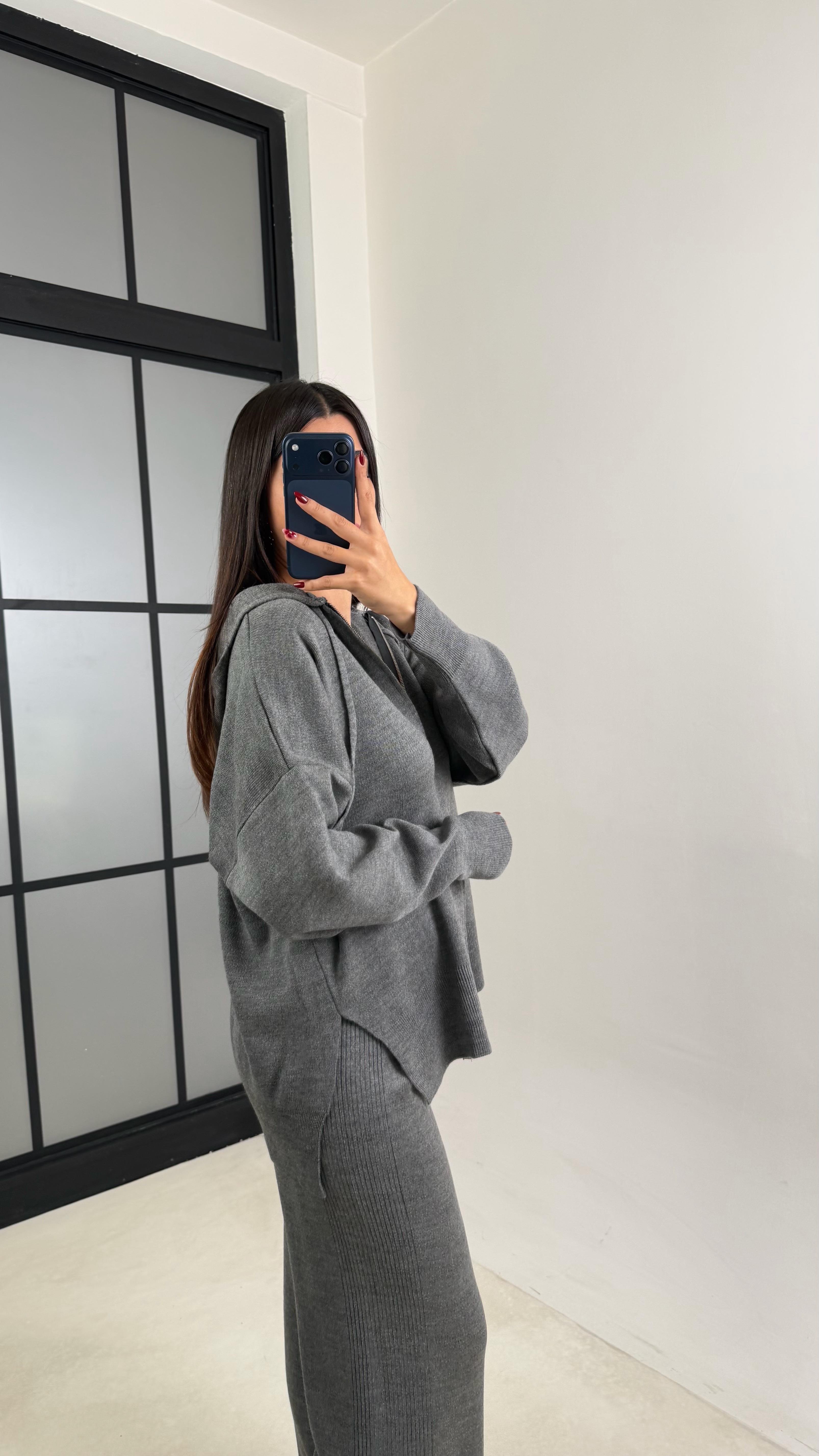 Antrasit Çift Fermuarlı Kapüşonlu Hırka Beli Lastikli Pantolon İkili Triko Takım GAUS-00676GAUSTAKIMGAUS-00676