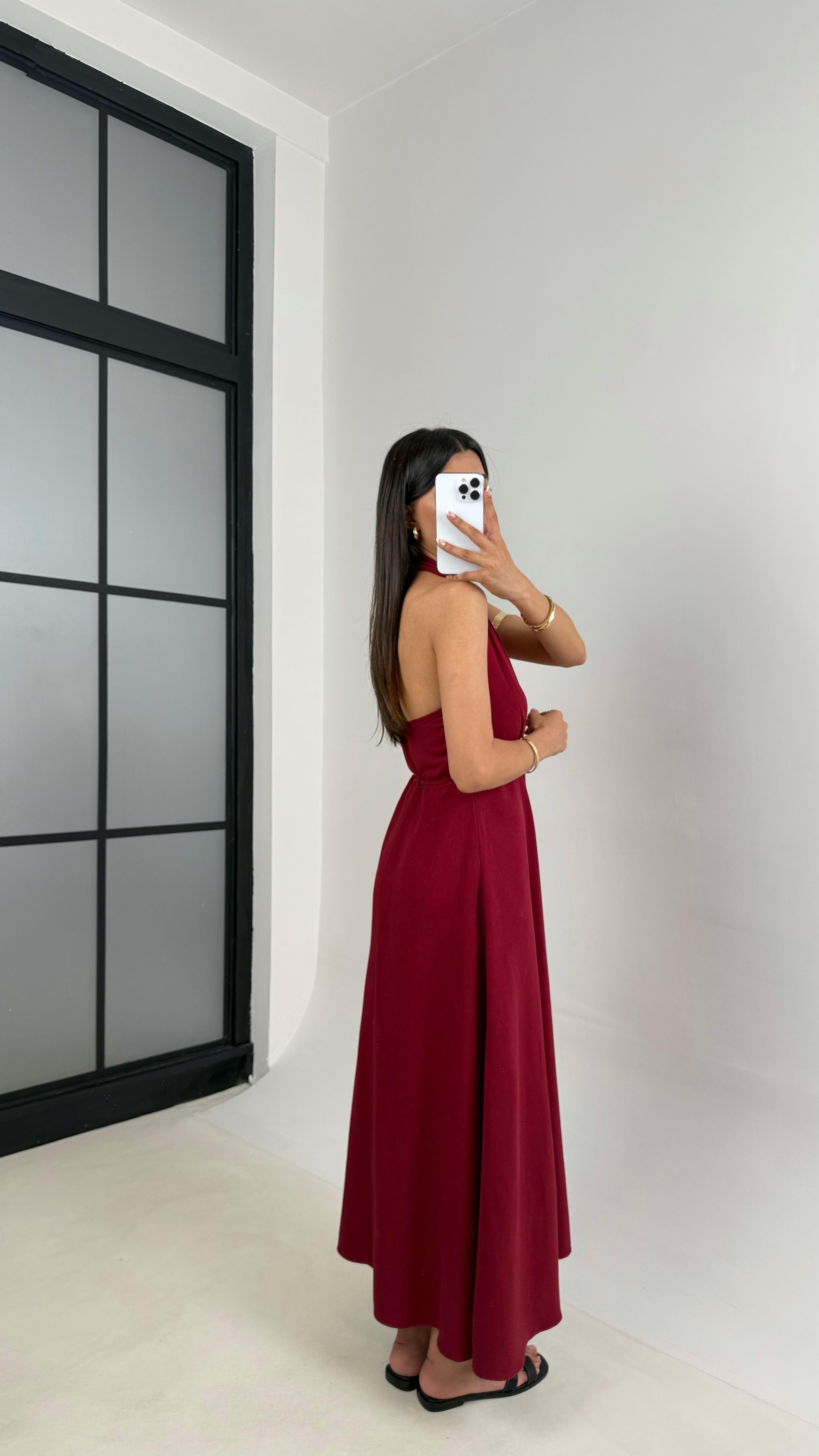 Bordo V Yaka Kuşaklı Boyundan Askılı Keten Elbise Gaus00541GausELBİSEGU1002260