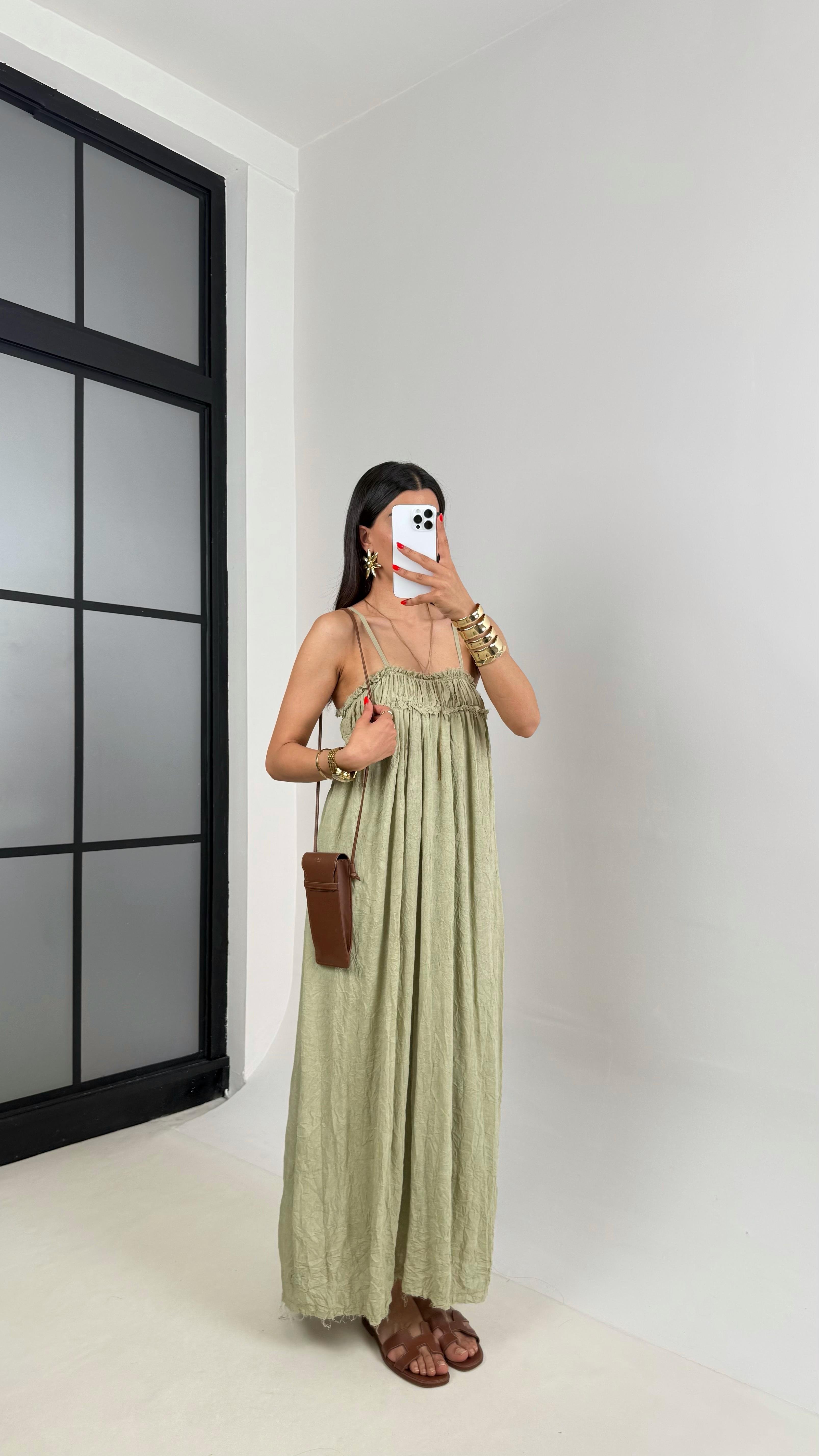 Yeşil Ayarlanabilir Askılı Astarlı Gipeli Tasarım Keten Takım Gaus00484GausELBİSEGU1002134