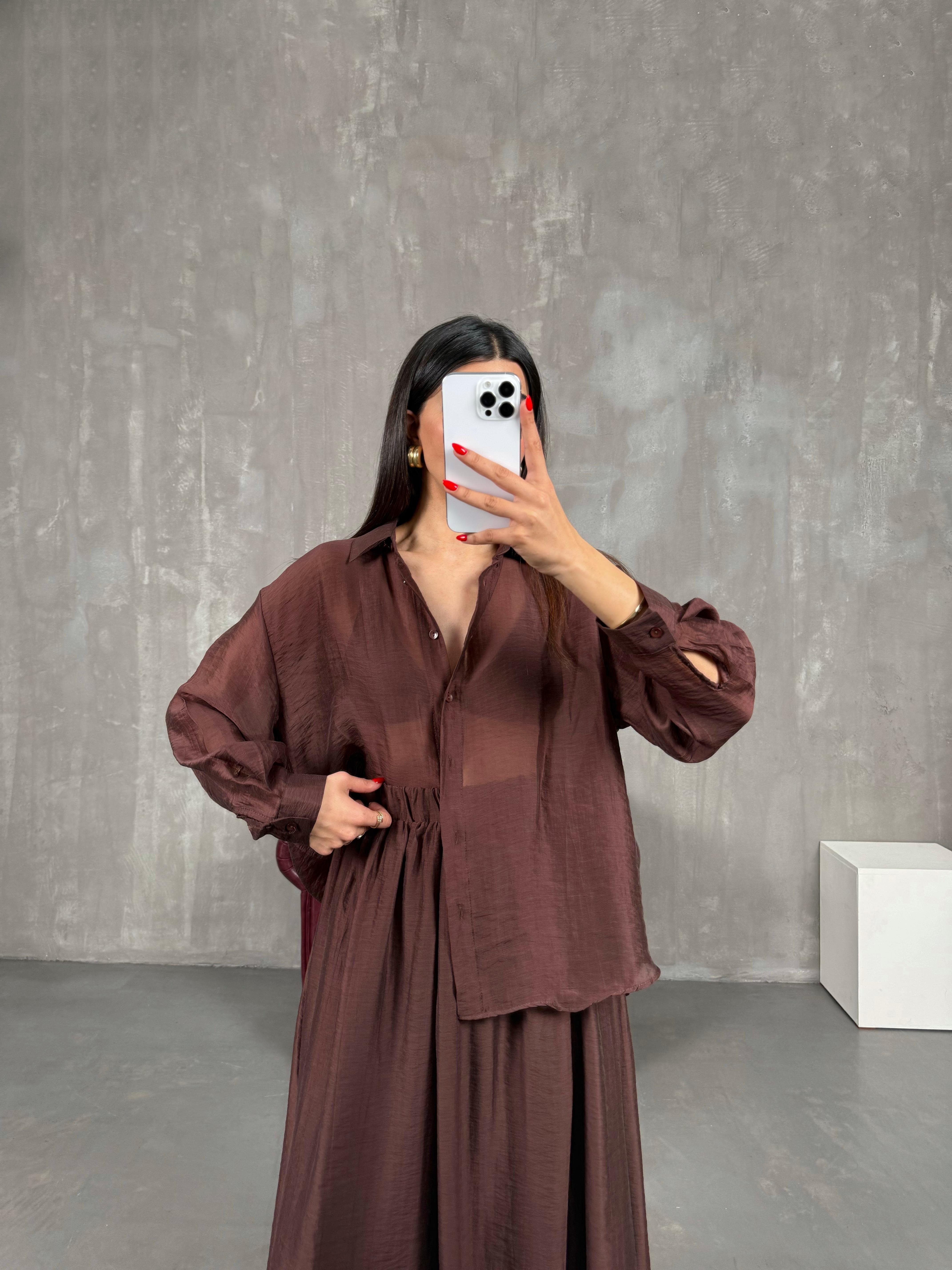 Kahve Gömlek Astarlı Beli Lastikli Etek Kırışık Tensel Takım Gaus00158GausTAKIMGU1001364