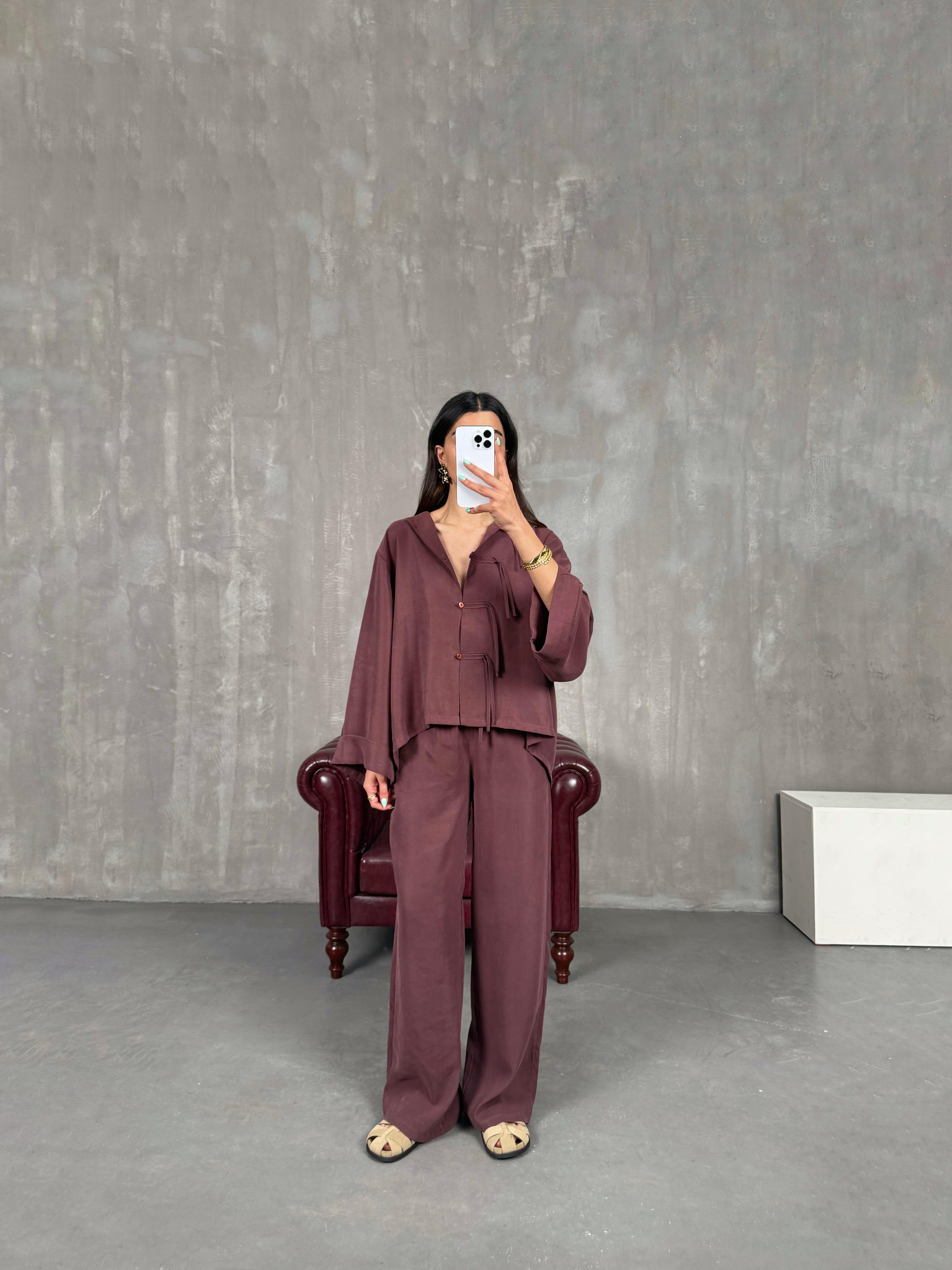 Bordo Yaka Düğmeli Gömlek Beli Lastikli Pantolon Tensel Takım Gaus00238GausTAKIMGU1001551
