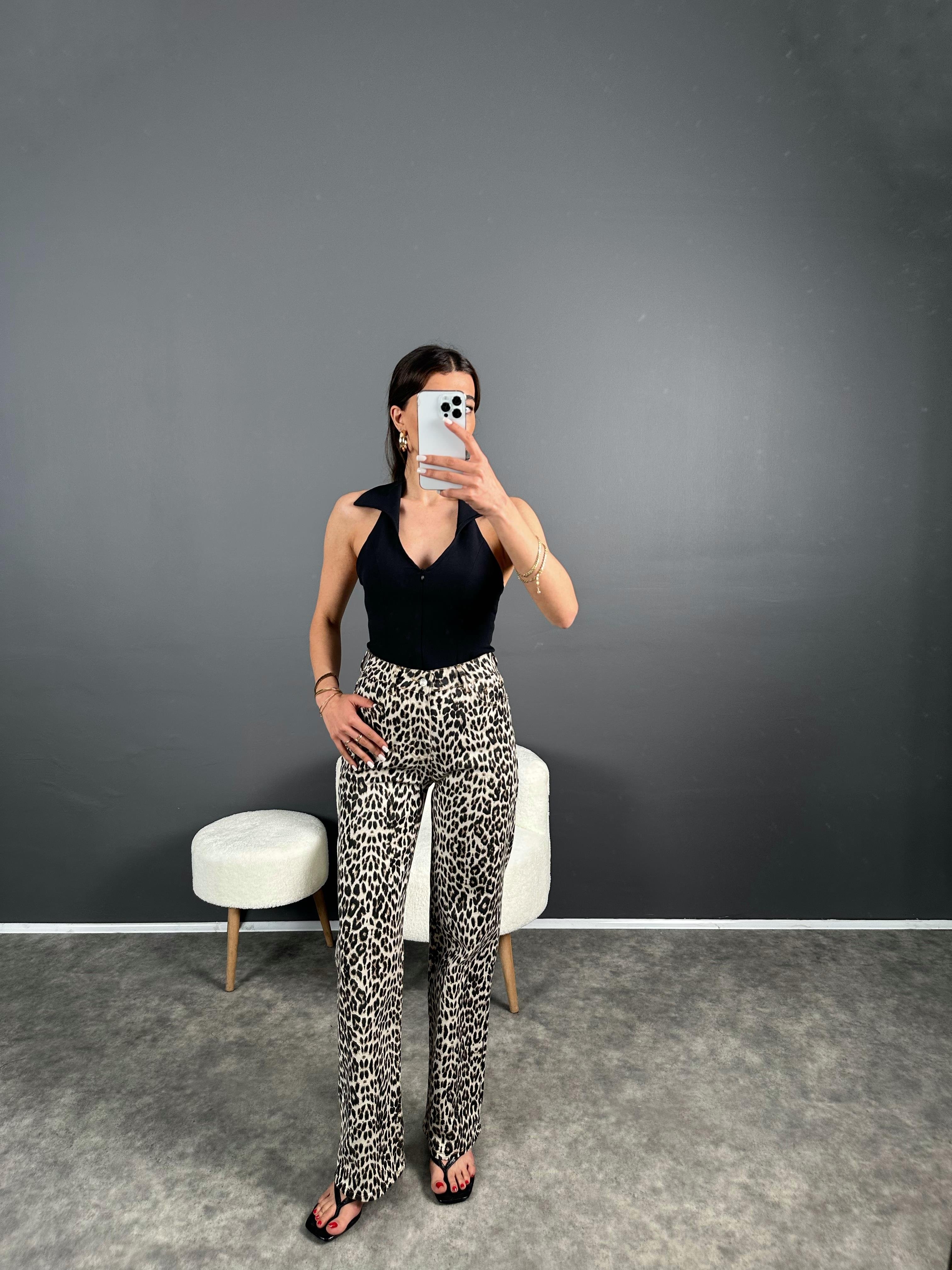 GU Leopar Desenli Straight Leg JeanGausDENİM PANTOLONGU007259