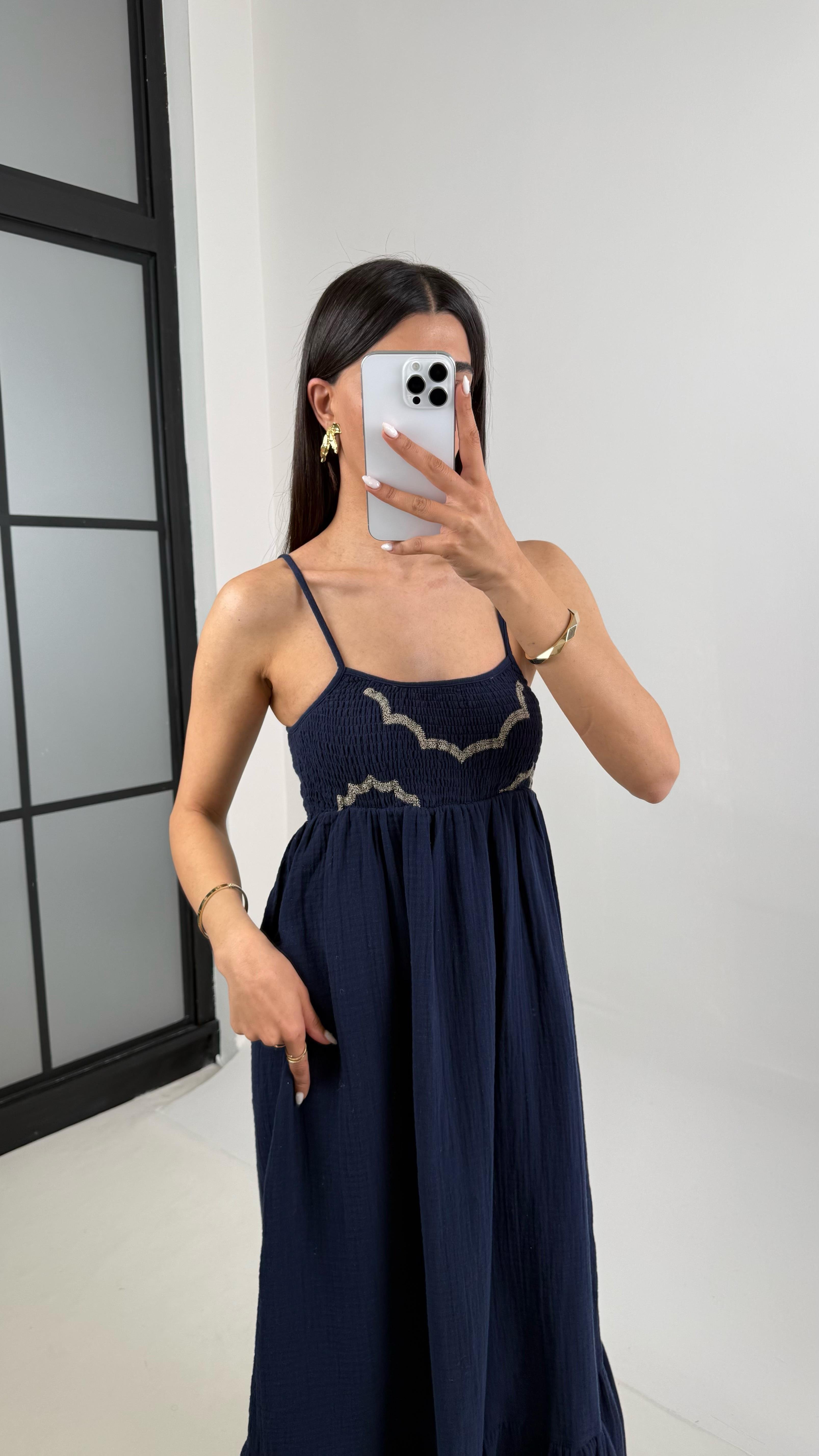 Lacivert Ayarlanabilir Askılı Astarlı Müslin Elbise Gaus409GausELBİSEGU1001954