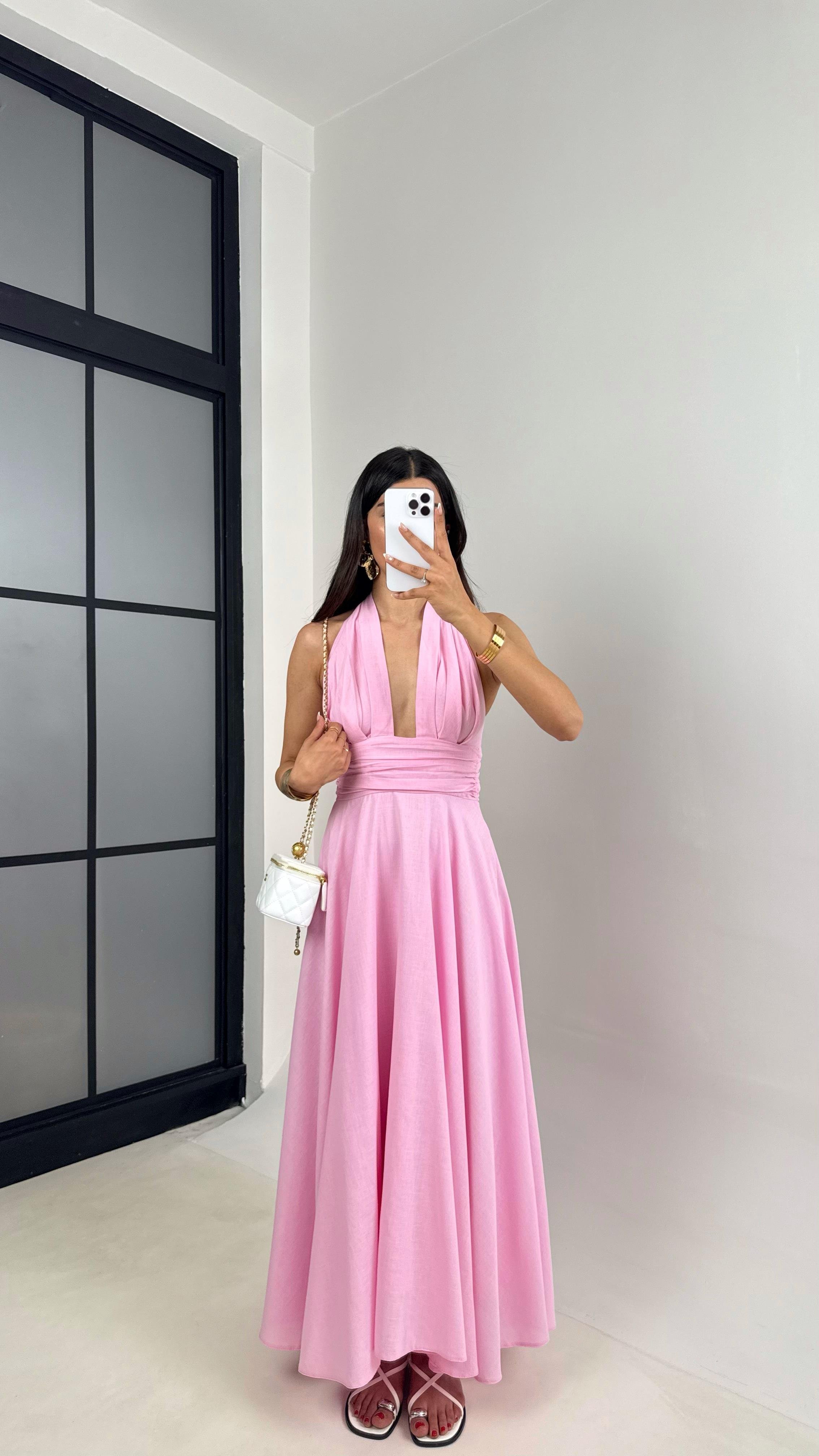 Pembe Boyundan Bağlamalı Astarlı Keten Elbise Gaus00627GausELBİSEGU1002464