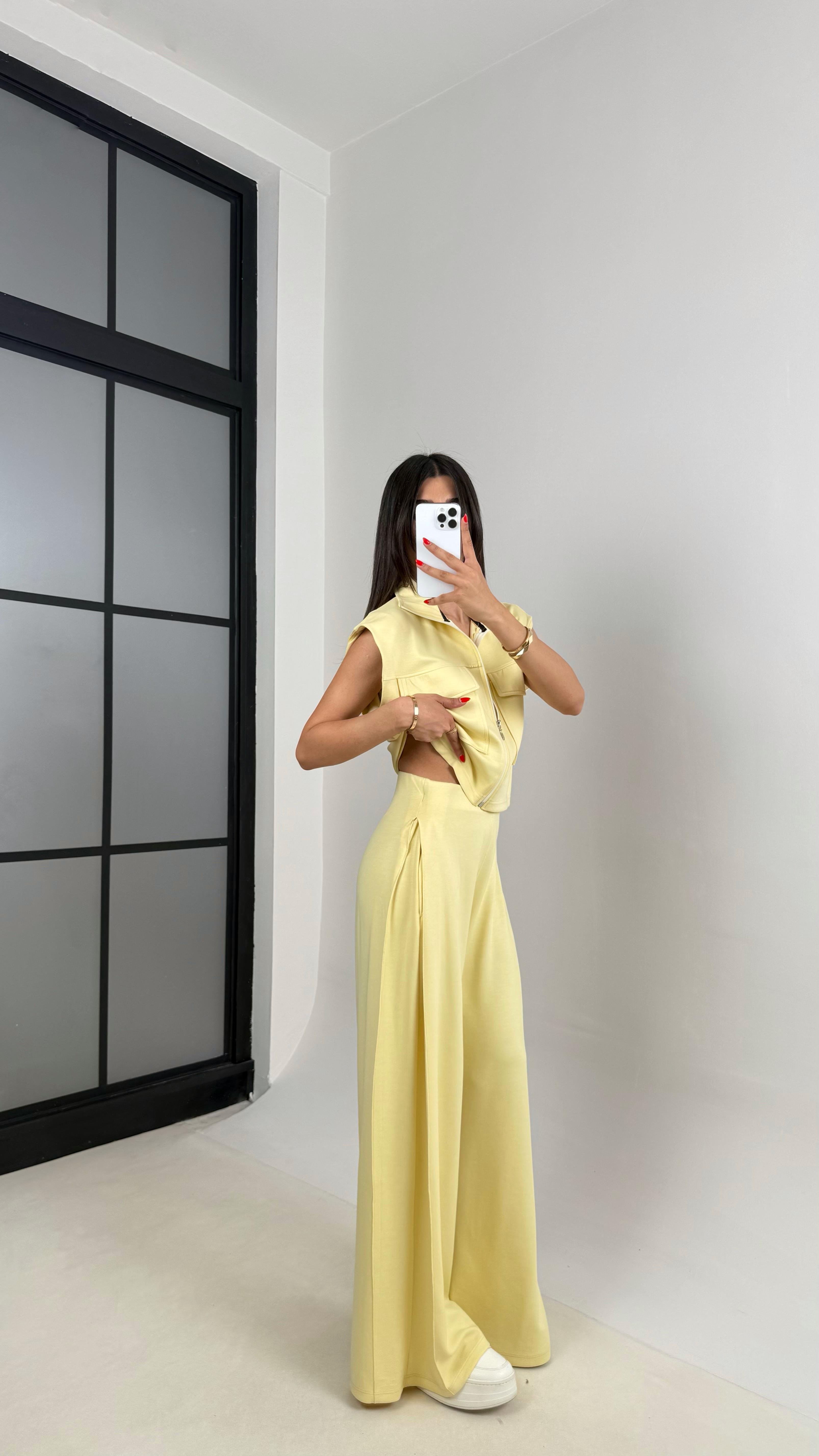 Sarı Cepli Yelek Beli Lastikli Pantolon Modal Eşofman Takım Gaus00523GausTAKIMGU1002227