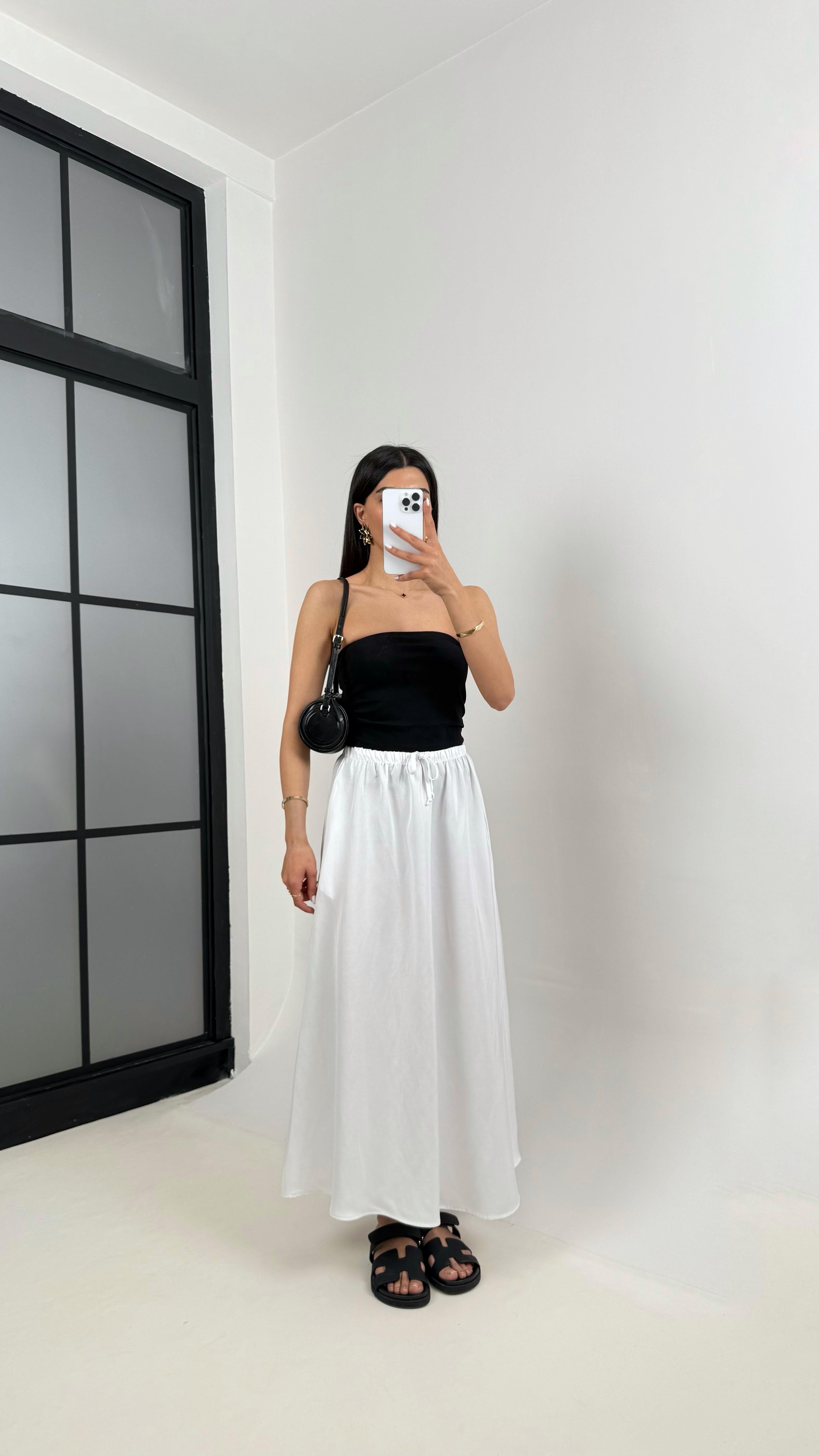 Beyaz Önü Bağlamalı Cepli Pamuk Keten Karışımlı Etek Gaus00367GausETEKGU1001855