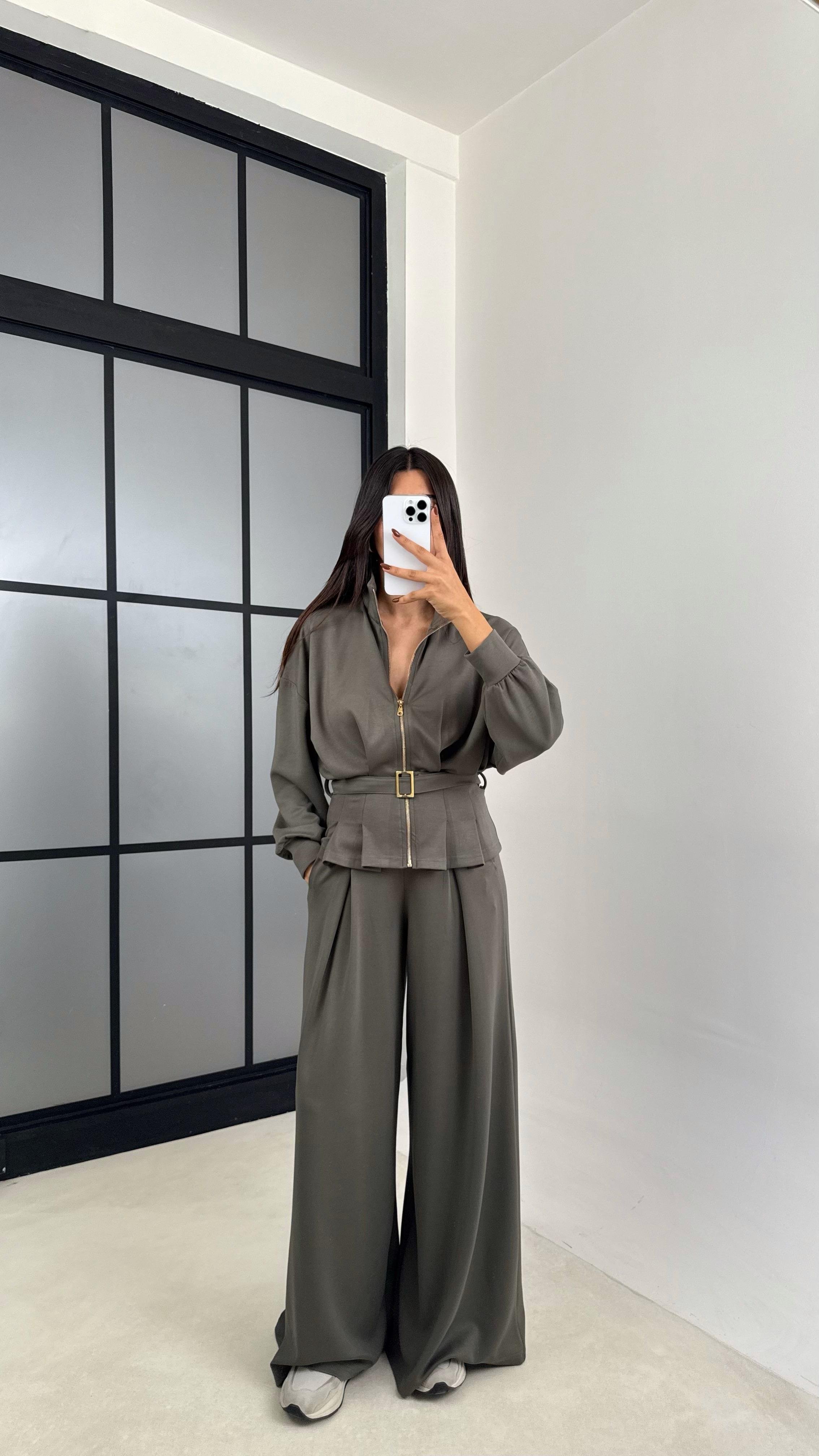 Haki Kemer Detaylı Hırka Beli Lastikli Geniş Paça Pantolon Modal Takım GAUS-00188GAUSTAKIMGAUS-00188