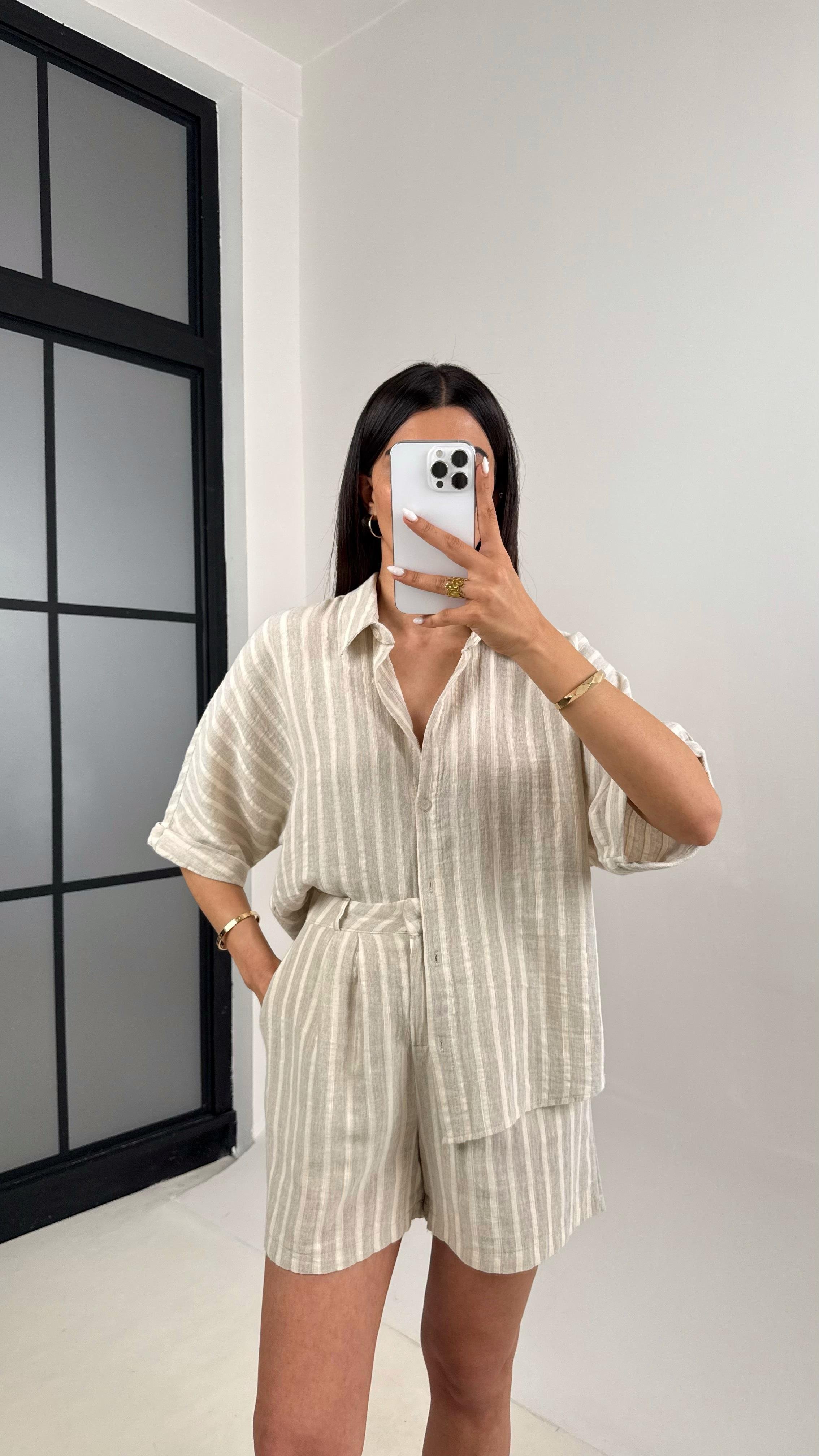 Taş Vizon Çizgili Şortlu İkili Müslin Takım Gaus00446GausTAKIMGU1002040