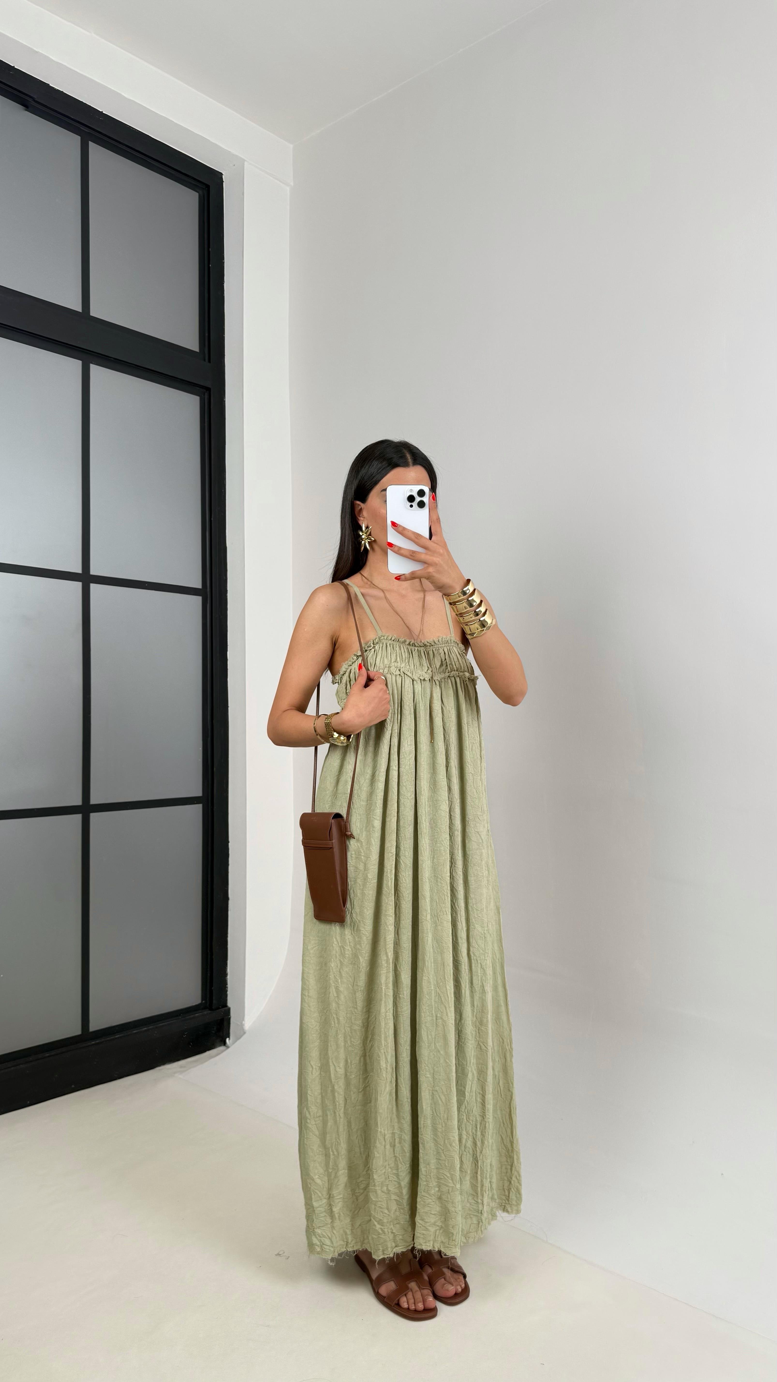 Yeşil Ayarlanabilir Askılı Astarlı Gipeli Tasarım Keten Takım Gaus00484GausELBİSEGU1002134