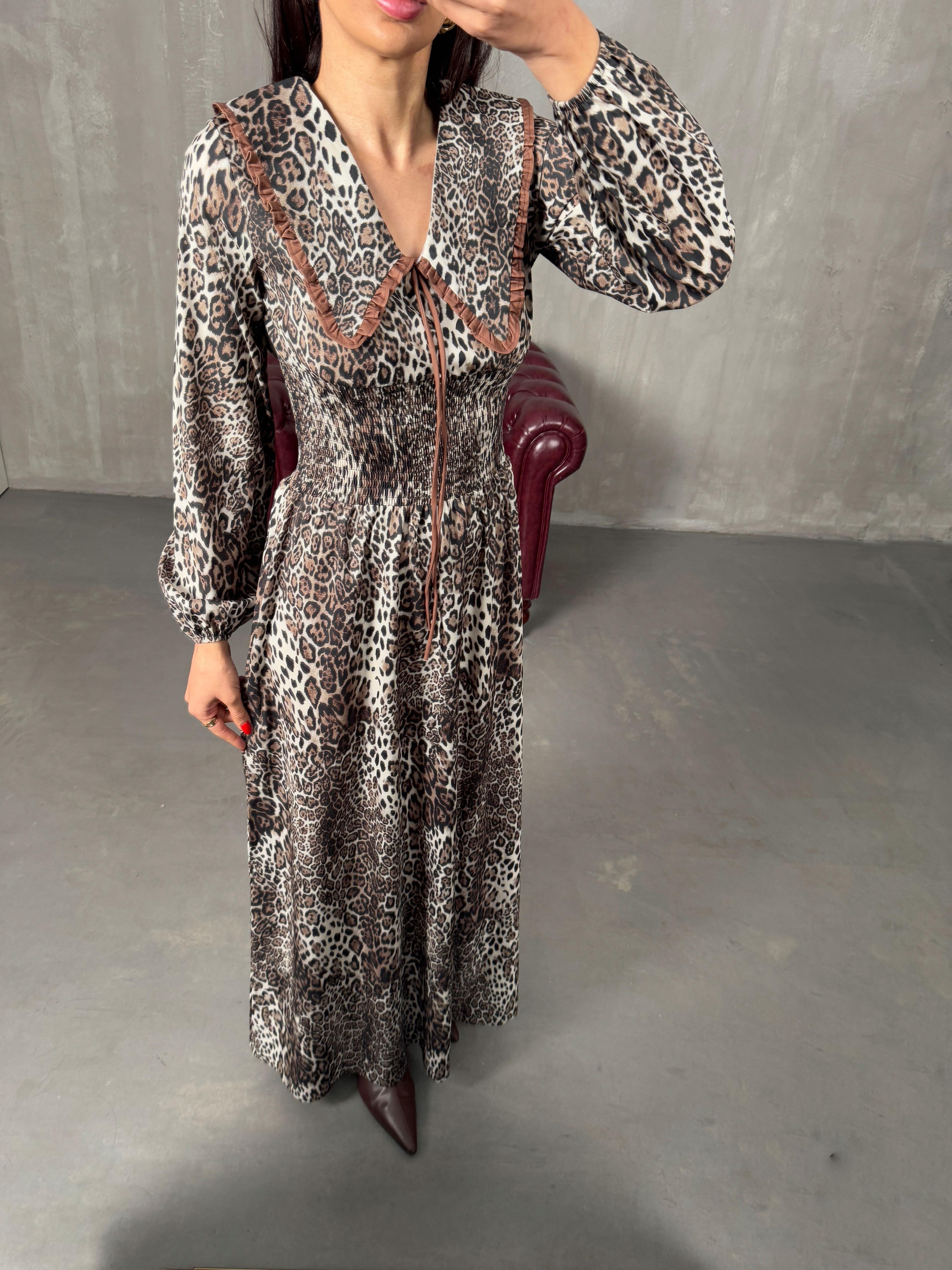 Leopar Desenli Yakalı Beli Lastikli ElbiseGausELBİSEGU00904330