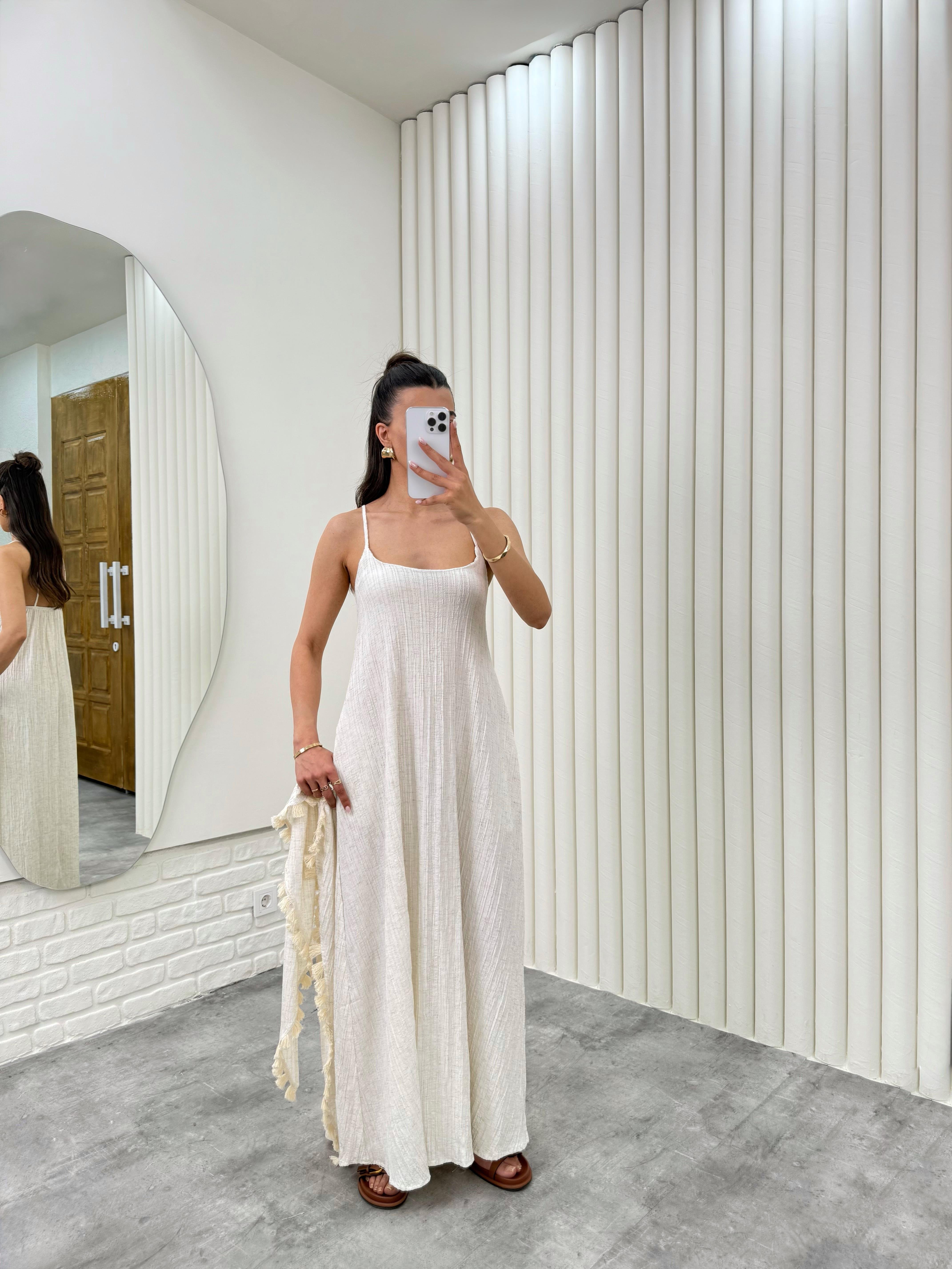 Taş Şal Aksesuarlı Astarlı Cepli Keten Elbise Gaus00309GausELBİSEGU1001708