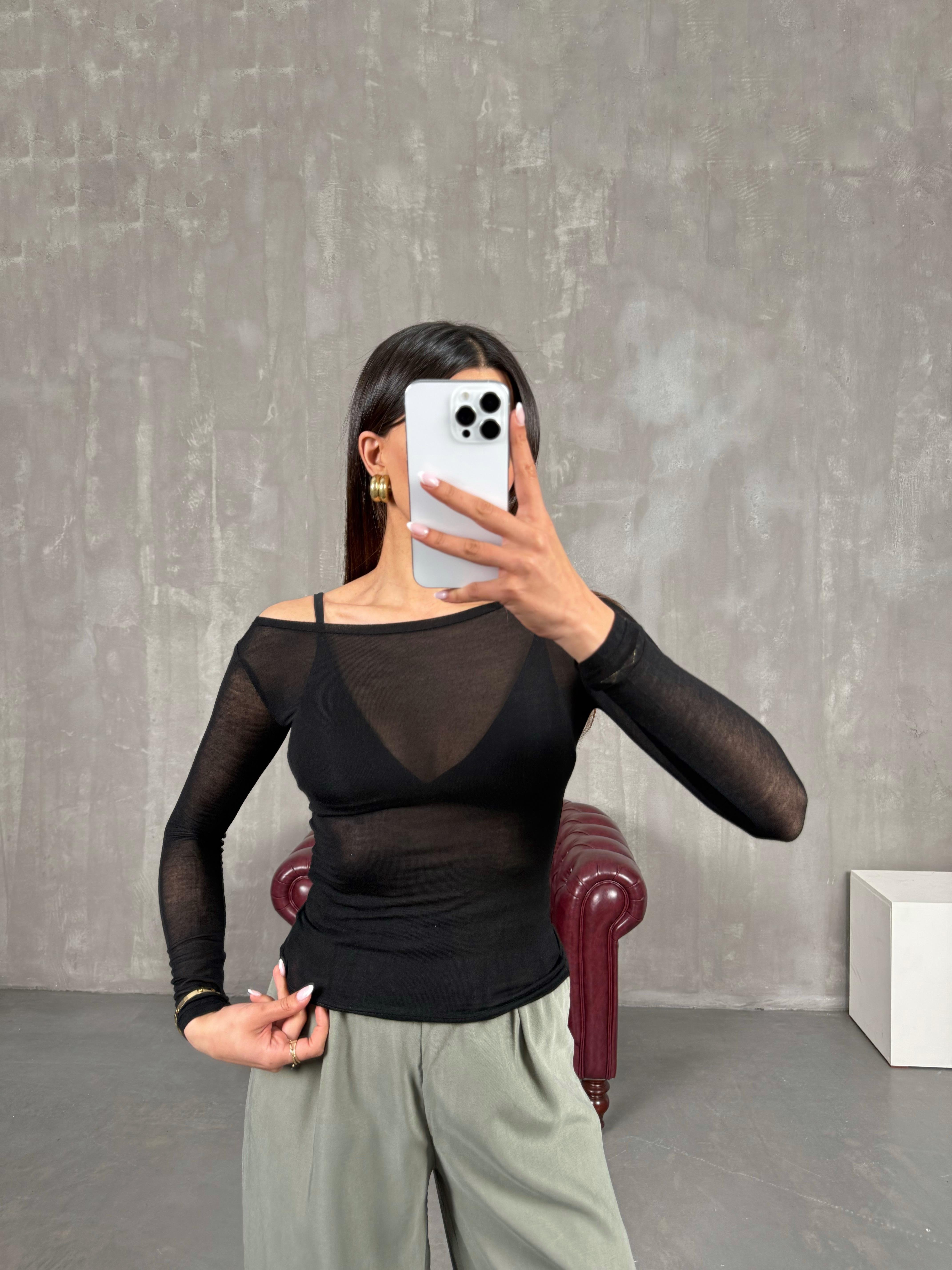 Siyah Transparan Kaşmir Dokulu Bluz Gaus00272GausBLUZGU1001628