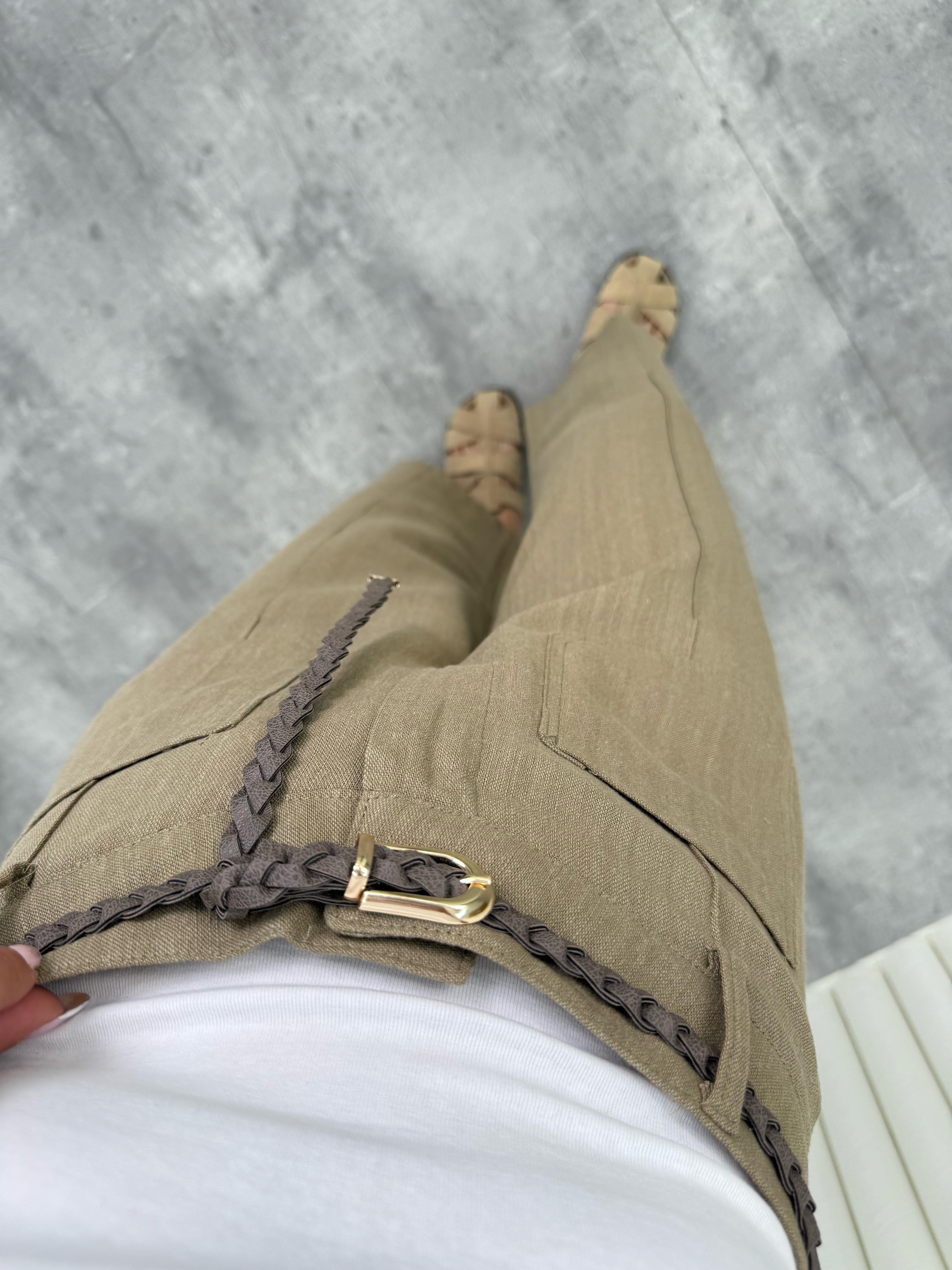 Haki Örgü Kemerli Cepli Keten Pantolon Gaus00332GausPANTOLONGU1001771