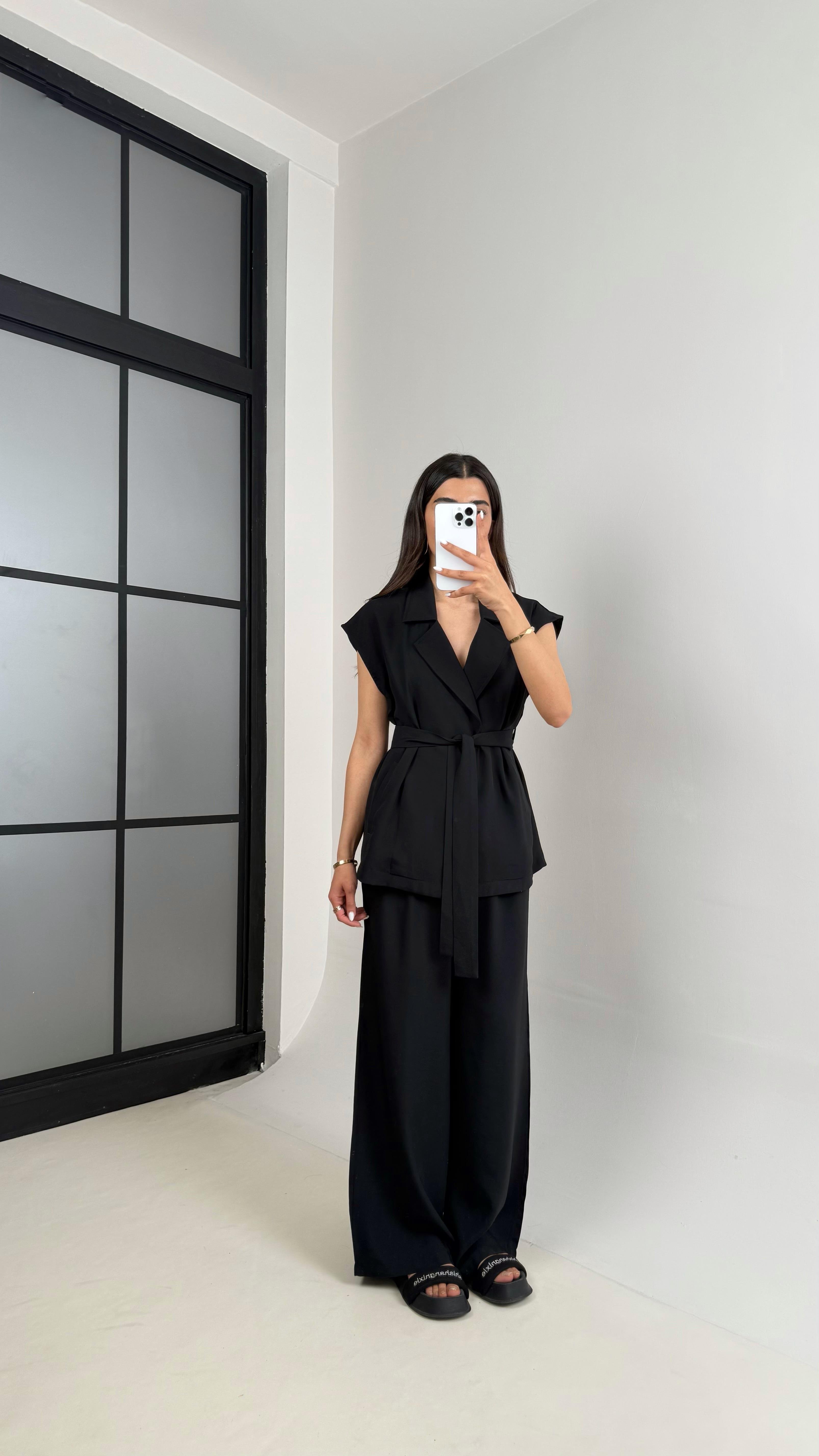 Siyah Cepli Kuşaklı Yelek Beli Lastikli Pantolon Tencel Takım Gaus00433GausTAKIMGU1002007