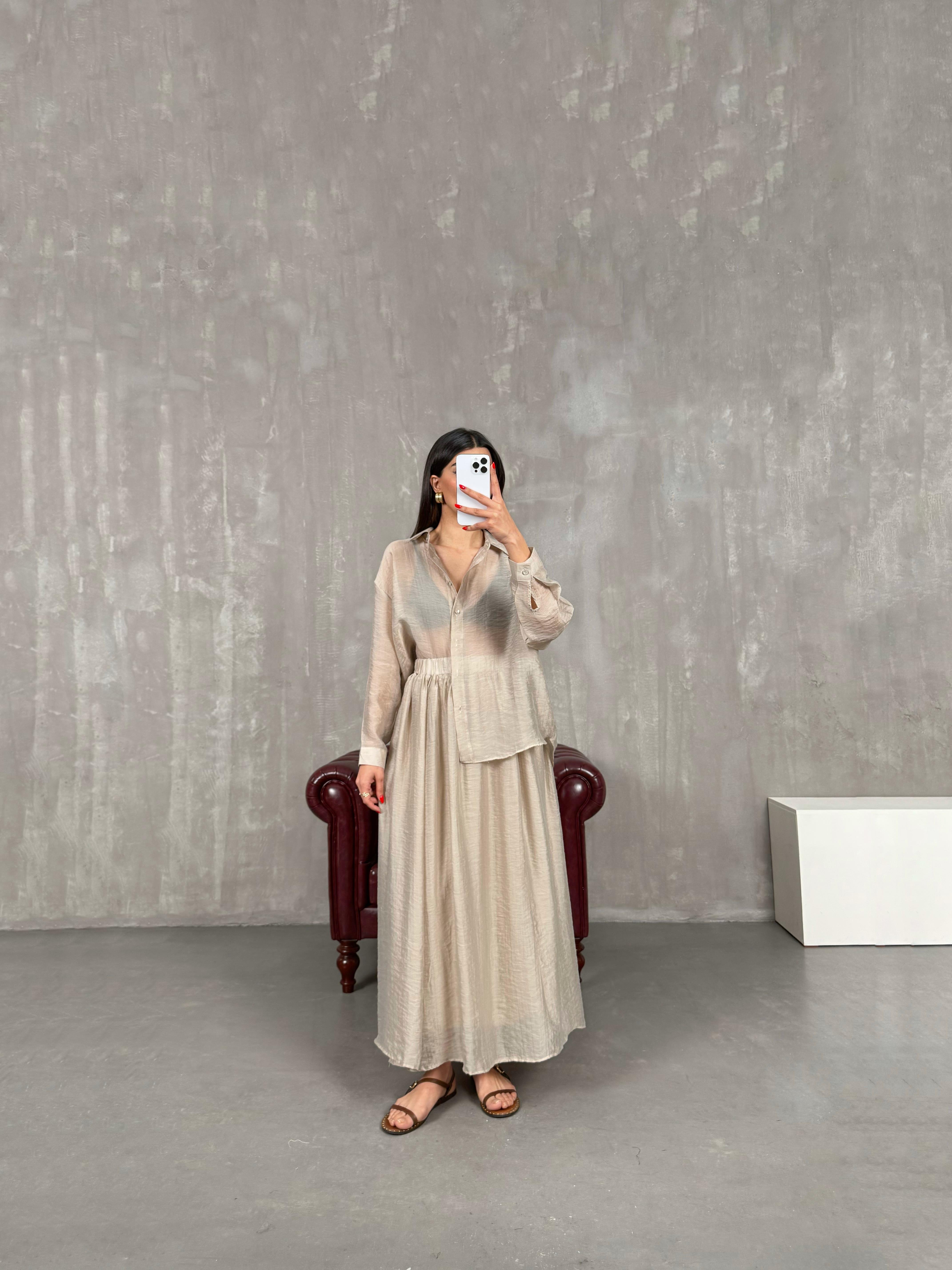 Taş Gömlek Astarlı Beli Lastikli Etek Kırışık Tensel Takım Gaus00158GausTAKIMGU1001365