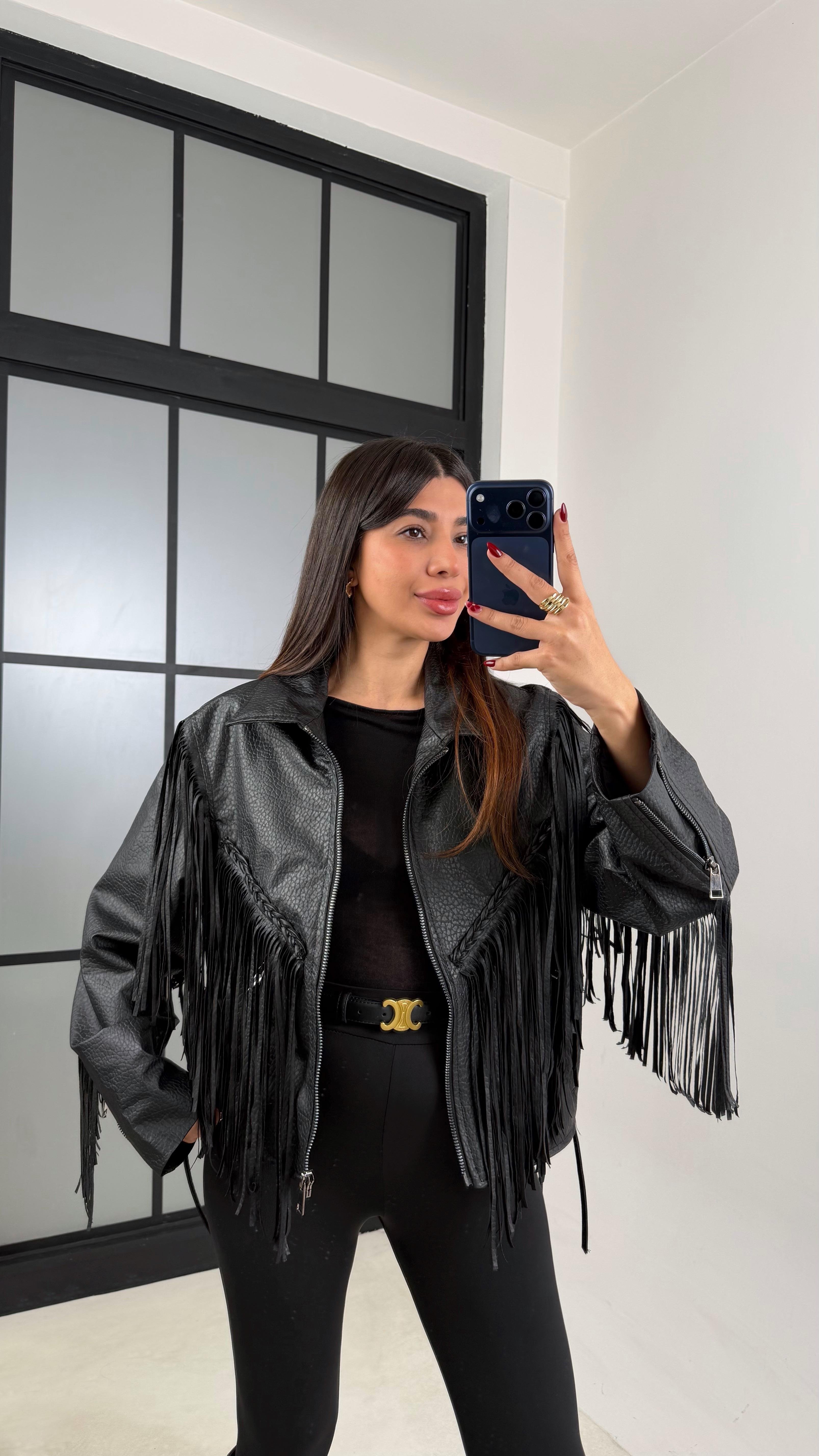 Siyah Yılan Derisi Desenli Astarlı Püsküllü Deri Ceket GAUS-00668GAUS السترات  GAUS-00668