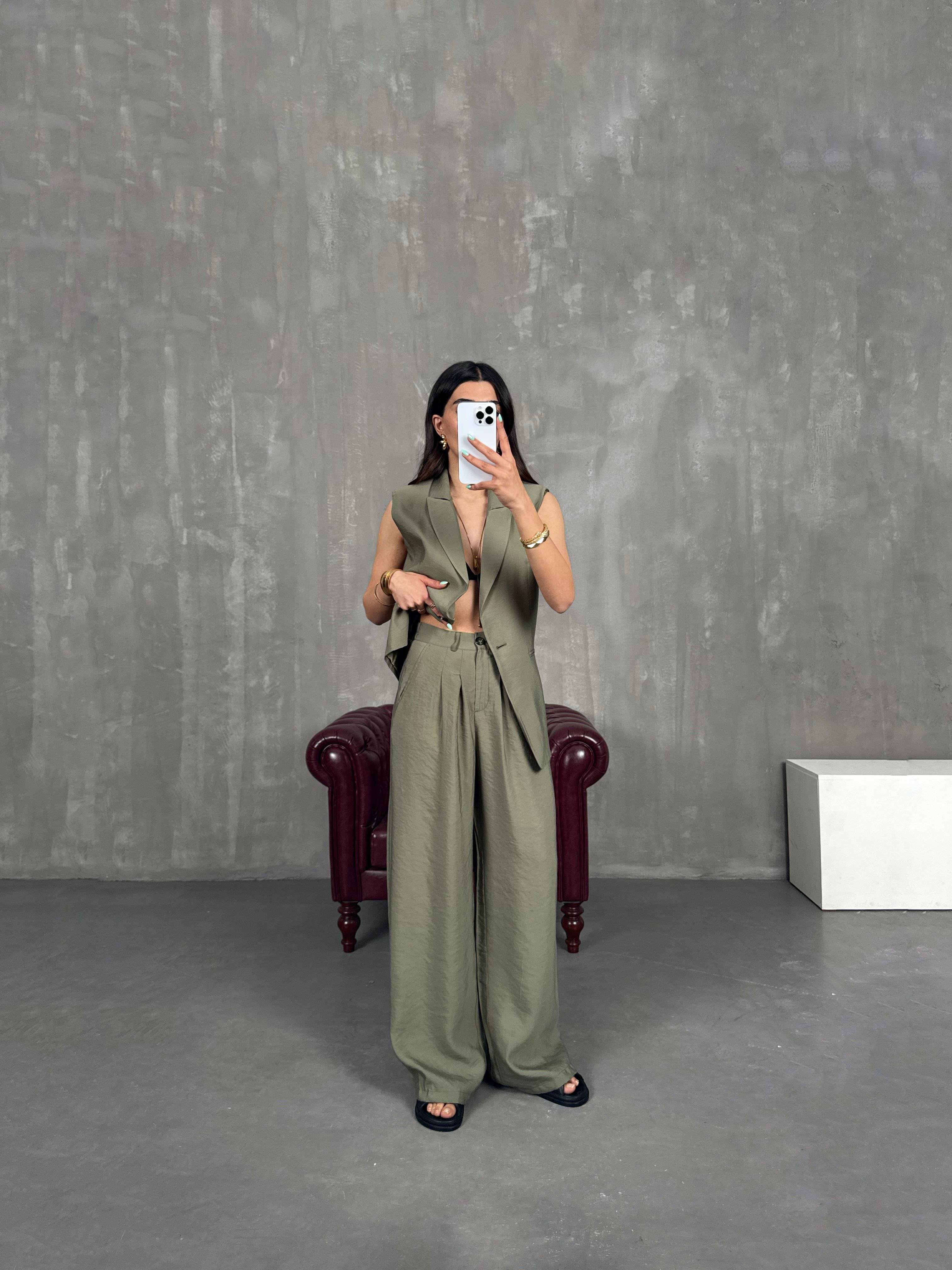 Haki Astarlı Vatkalı Yelekli Beli Lastikli Pantolon İkili Tensel Takım Gaus00233GausTAKIMGU1001537