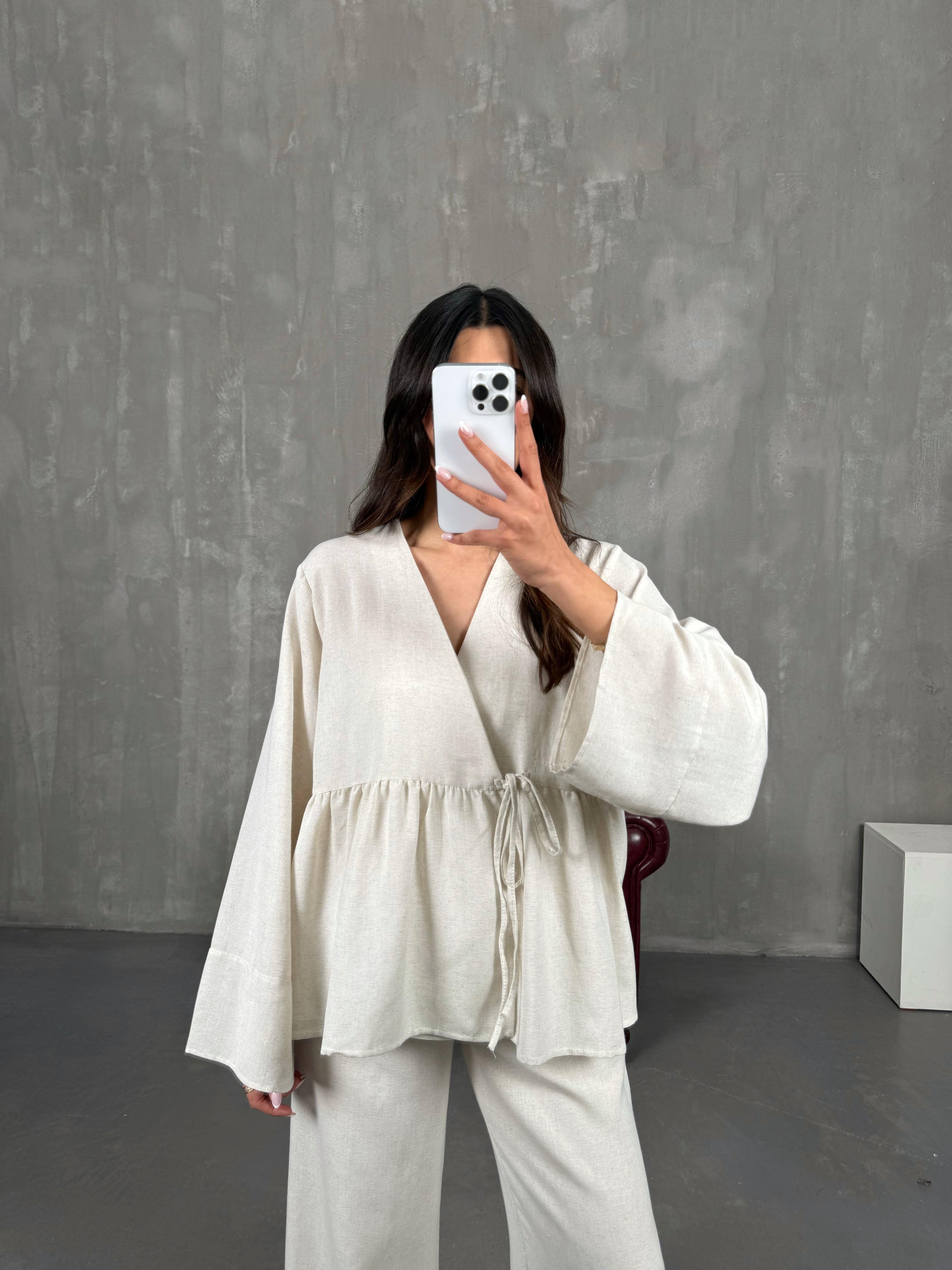 Taş Önü Bağlamalı Gömlek Beli Lastikli Pantolon İkili Keten Takım Gaus00262GausTAKIMGU1001604