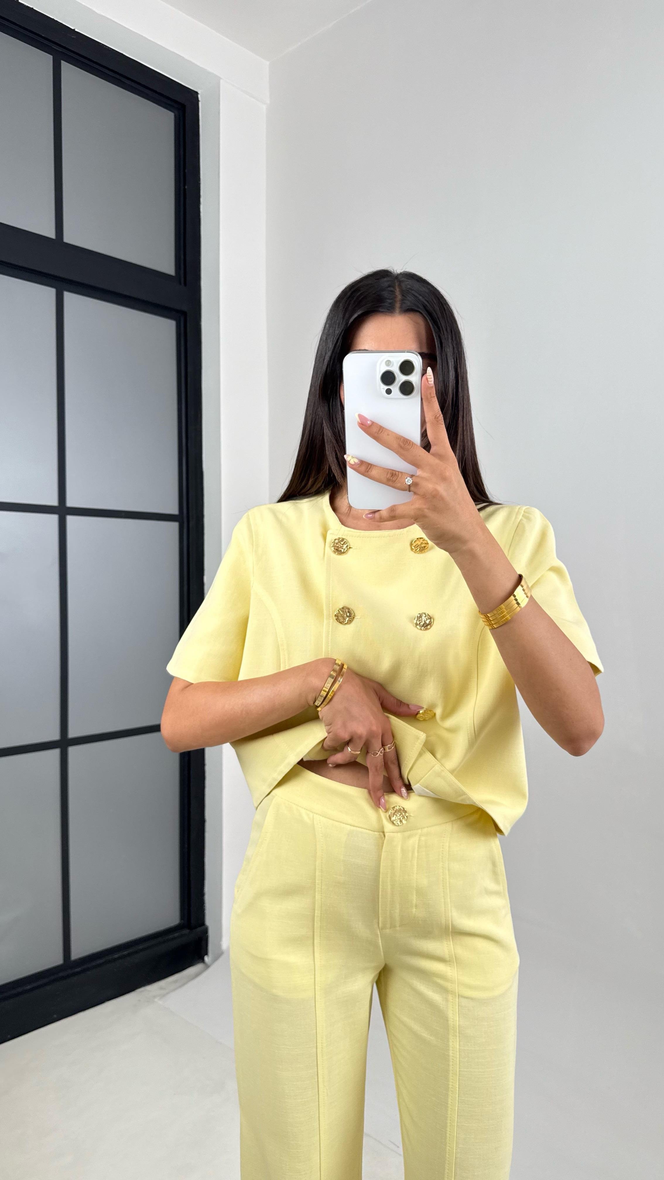 Sarı Önü Düğmeli Astarlı Yelek Cepli Pantolon İkili Keten Takım Gaus00670GausTAKIMGU1002548