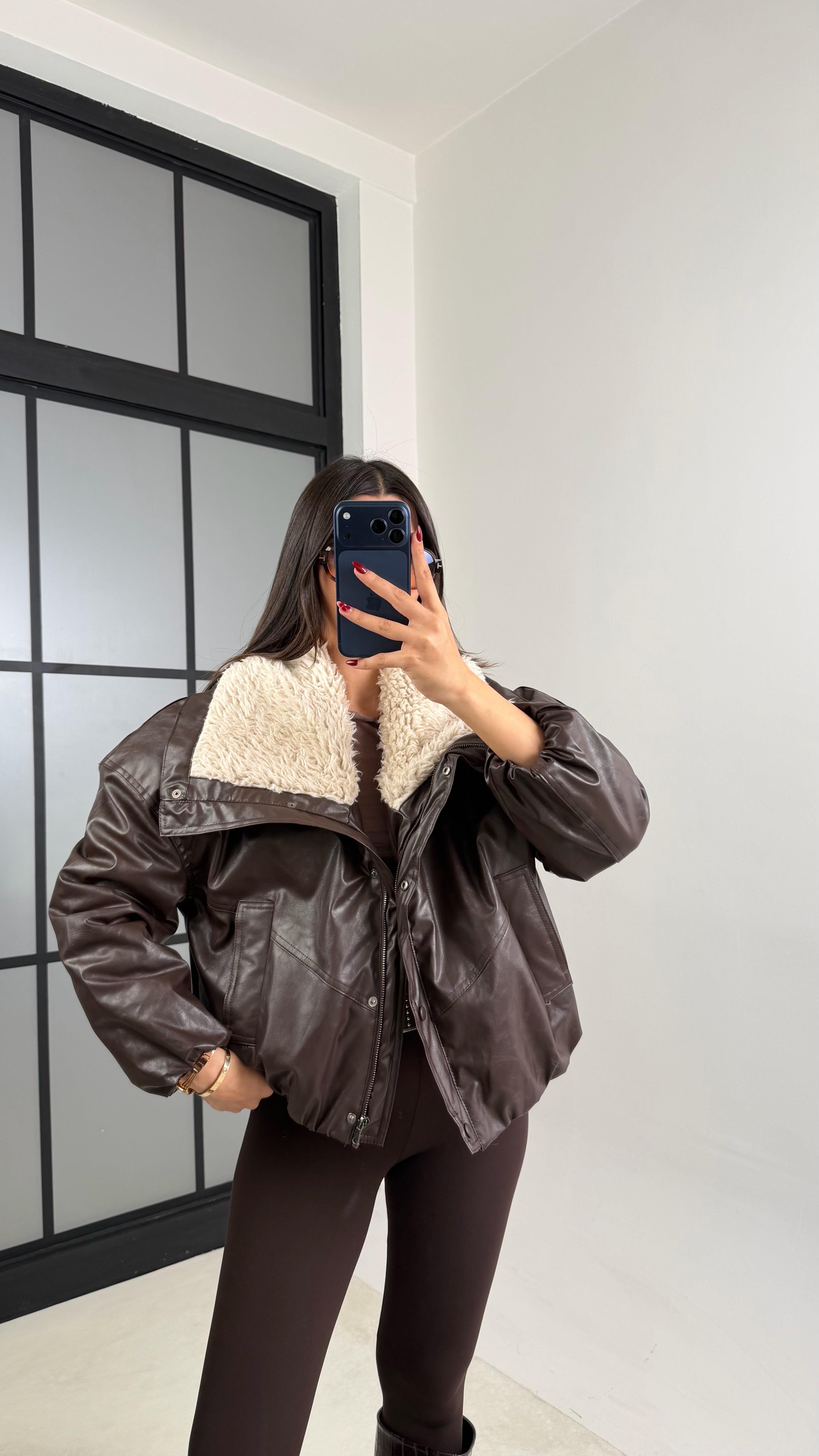 Acı Kahve Kürk Yakalı Astarlı ZR Model Deri Mont GAUS-00698GAUS الجواكيت GAUS-00698