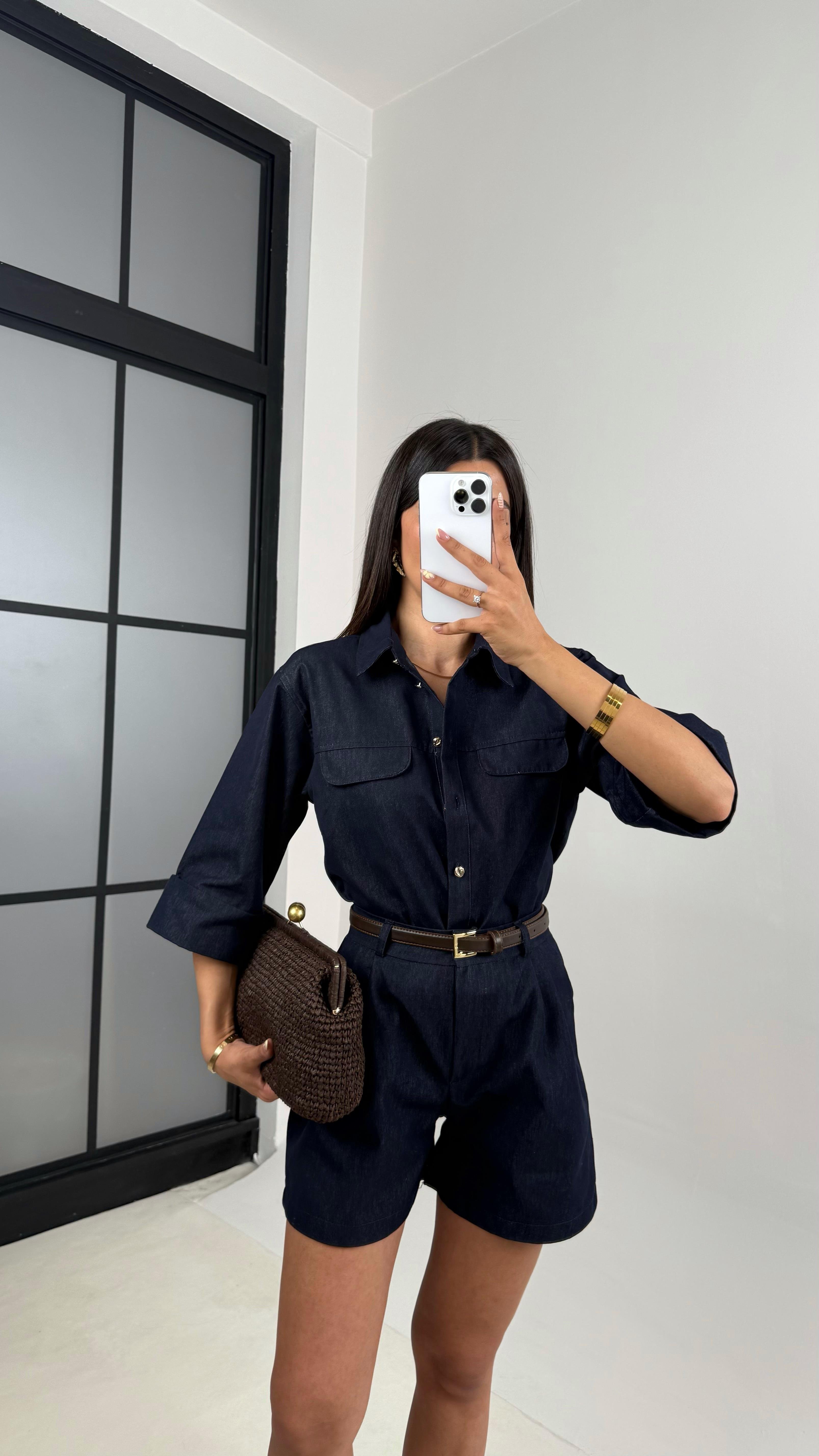 Lacivert Cep Detaylı Gömlek Kemerli Şort İkili Denim Takım Gaus00643GausTAKIMGU1002495