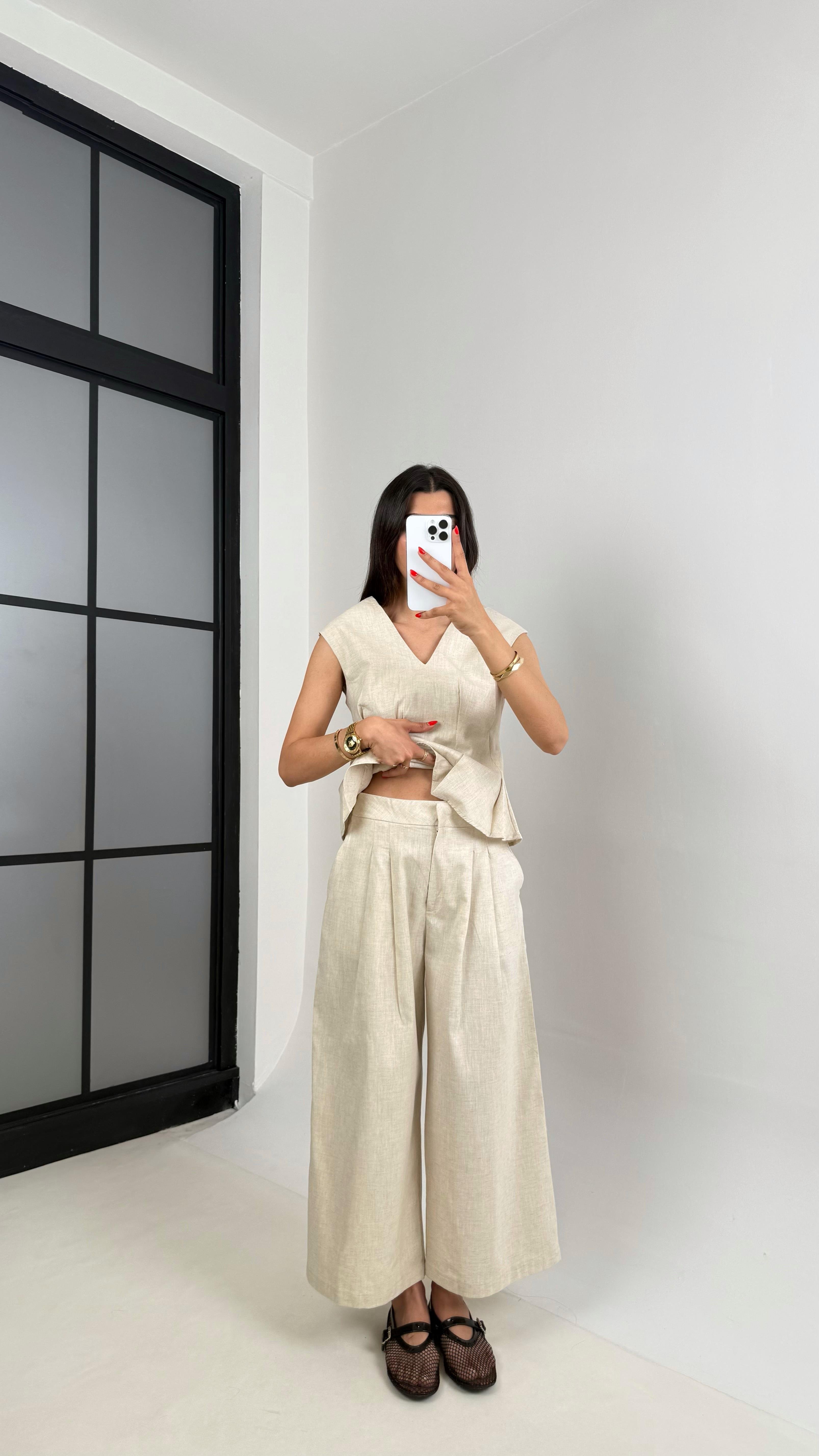 Taş V Yaka Bluz Cepli Pantolon % 100 Ham Keten Takım Gaus00483 GausTAKIMGU1002131