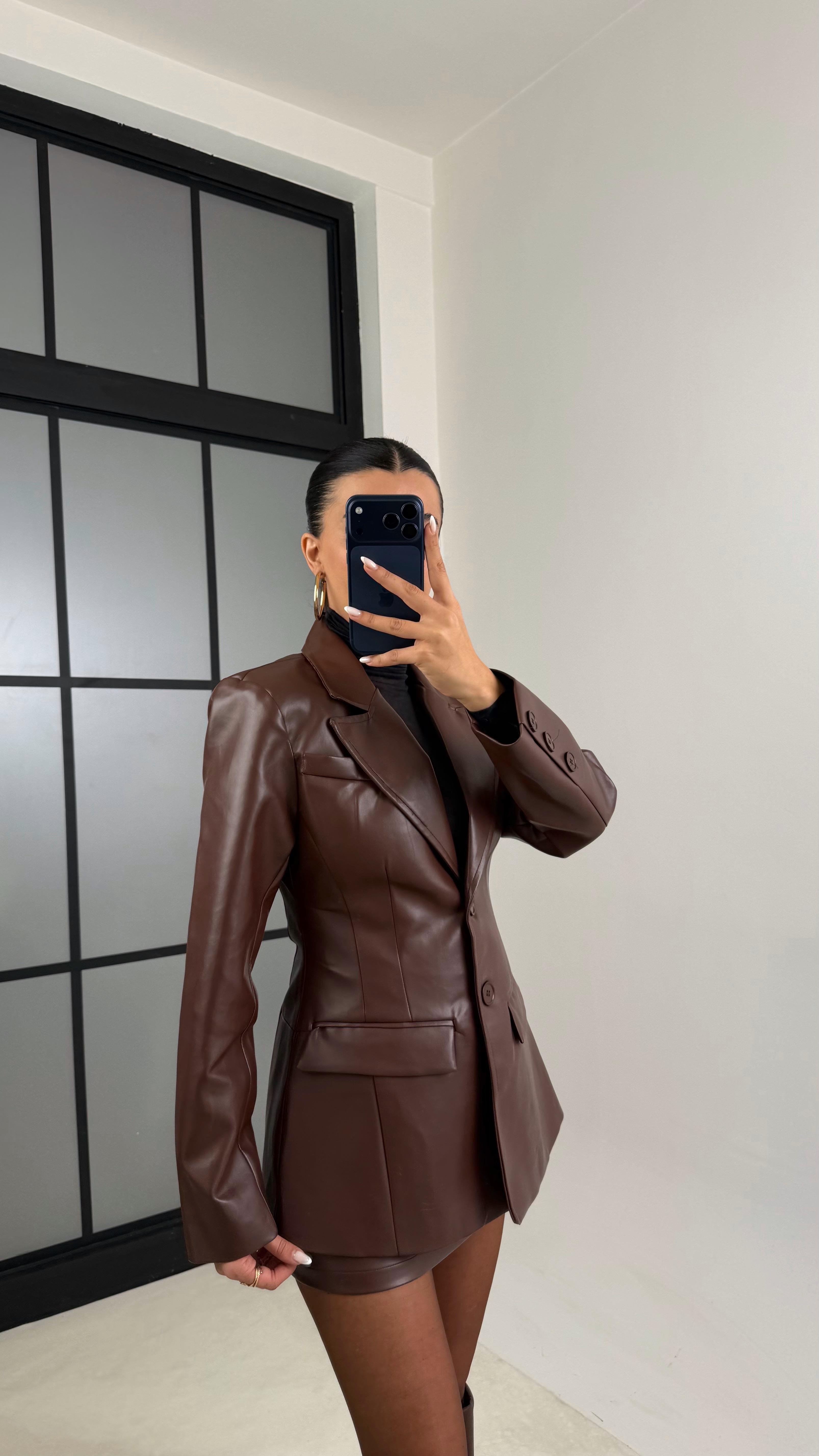 Kahve Astarlı Vatkalı Blazer Ceket Etek Premium Deri Takım GAUS-00657GAUSTAKIMGAUS-00657