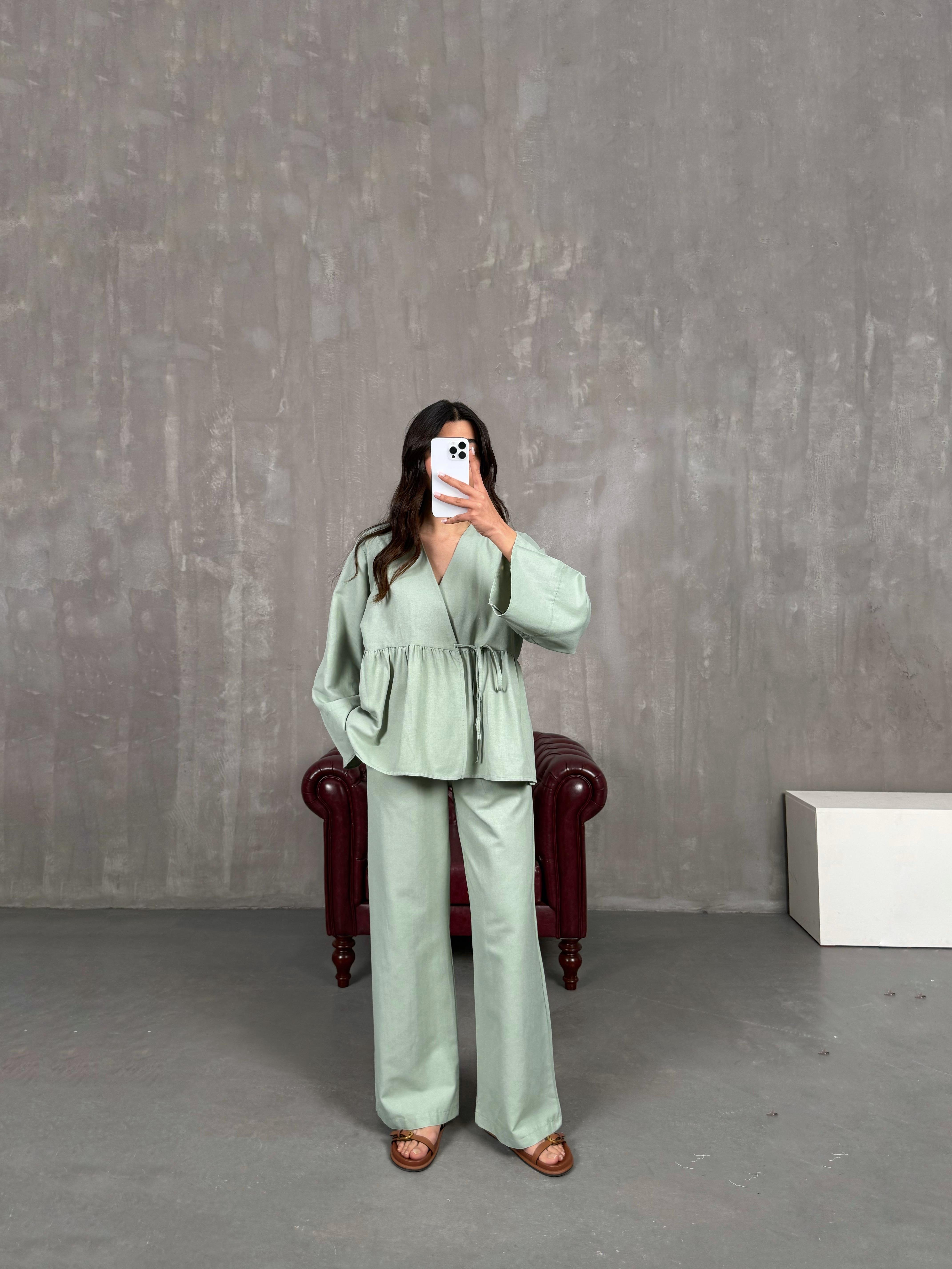 Haki Önü Bağlamalı Gömlek Beli Lastikli Pantolon İkili Keten Takım Gaus00262GausTAKIMGU1001603