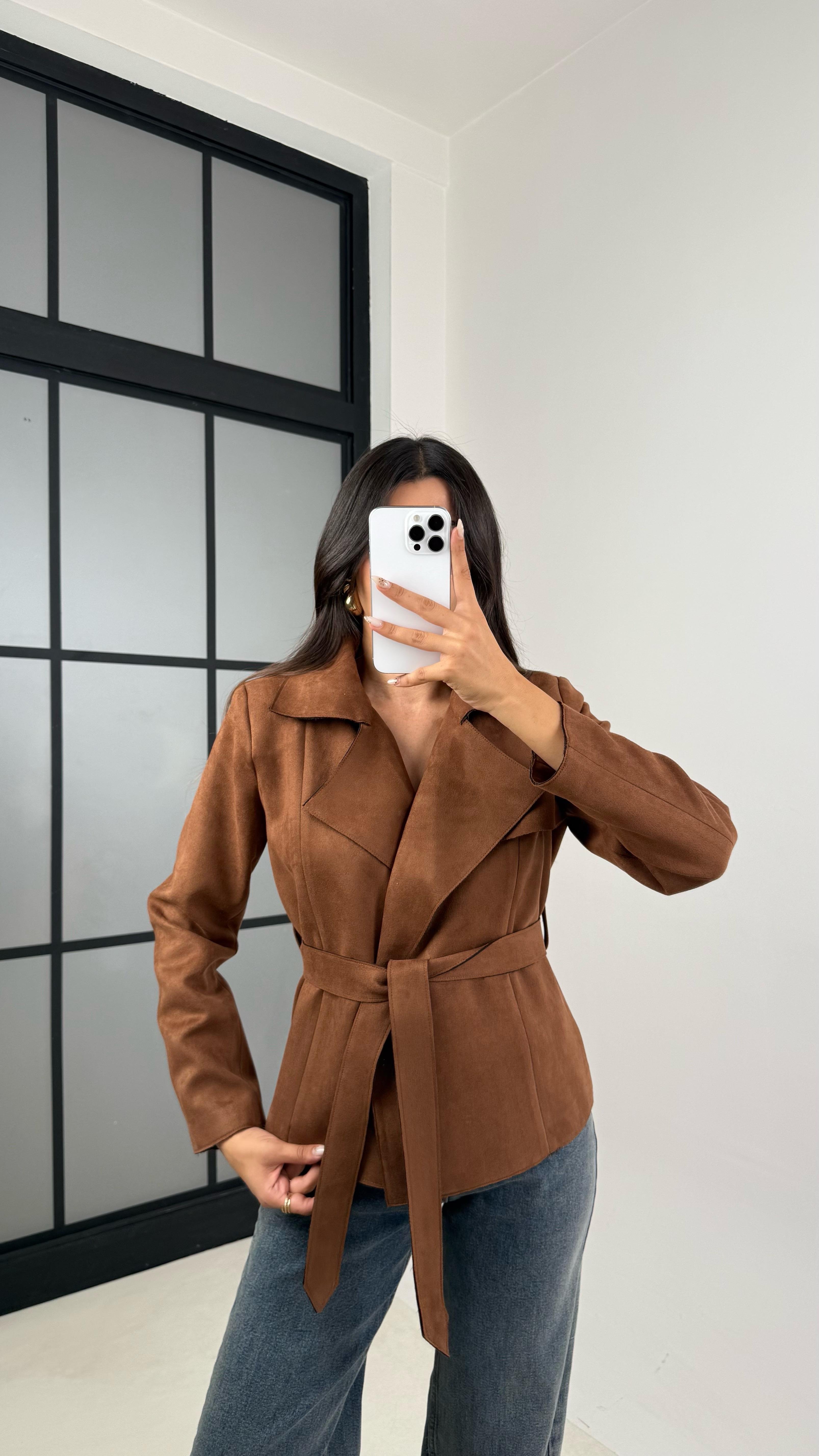 Kahve Vatkalı Kuşaklı Süet Ceket GAUS-00130GAUS السترات  GAUS-00130