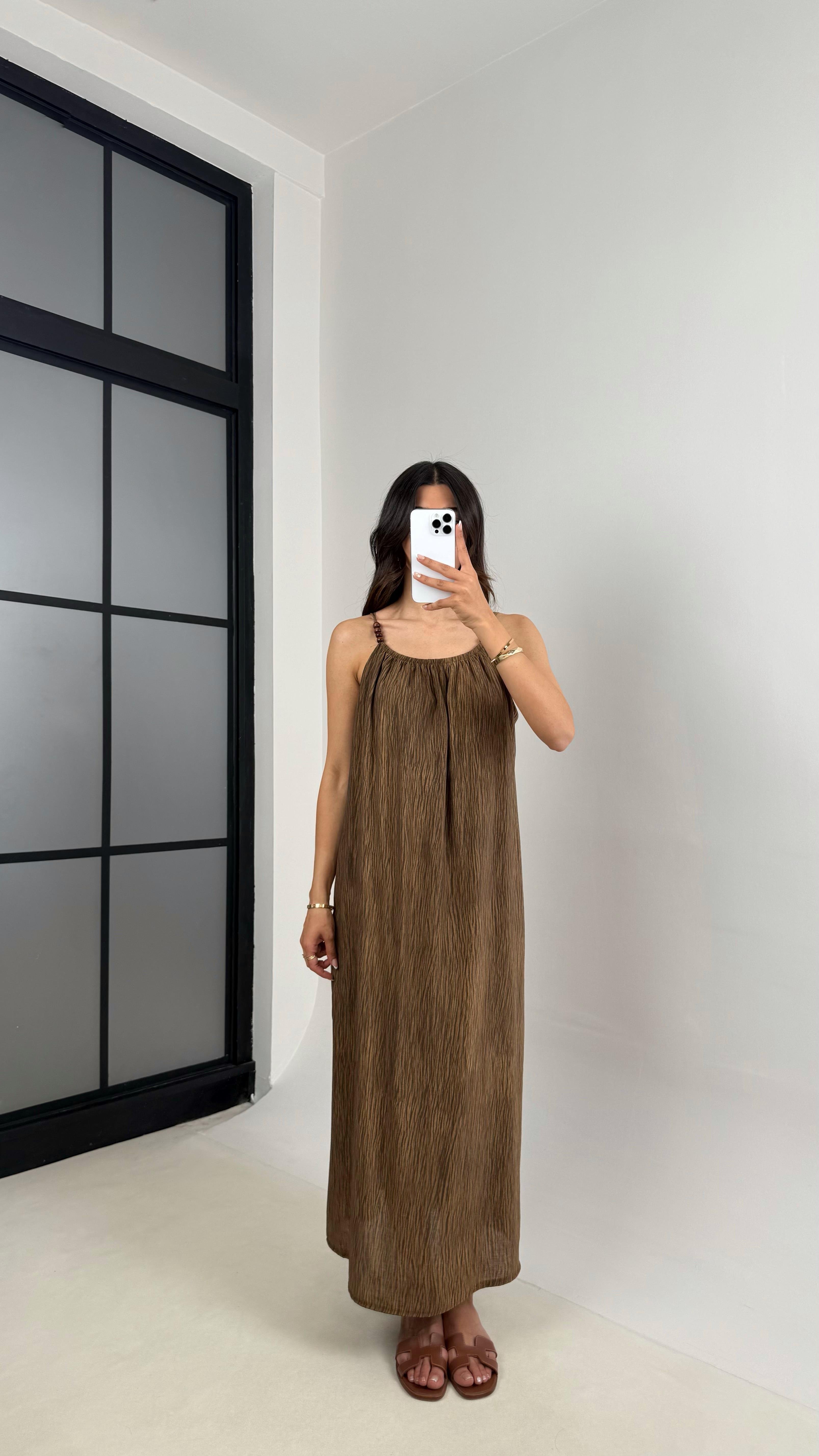 Kahve Boncuk Askılı Desenli Astarlı Premium Elbise Gaus00530GausELBİSEGU1002240