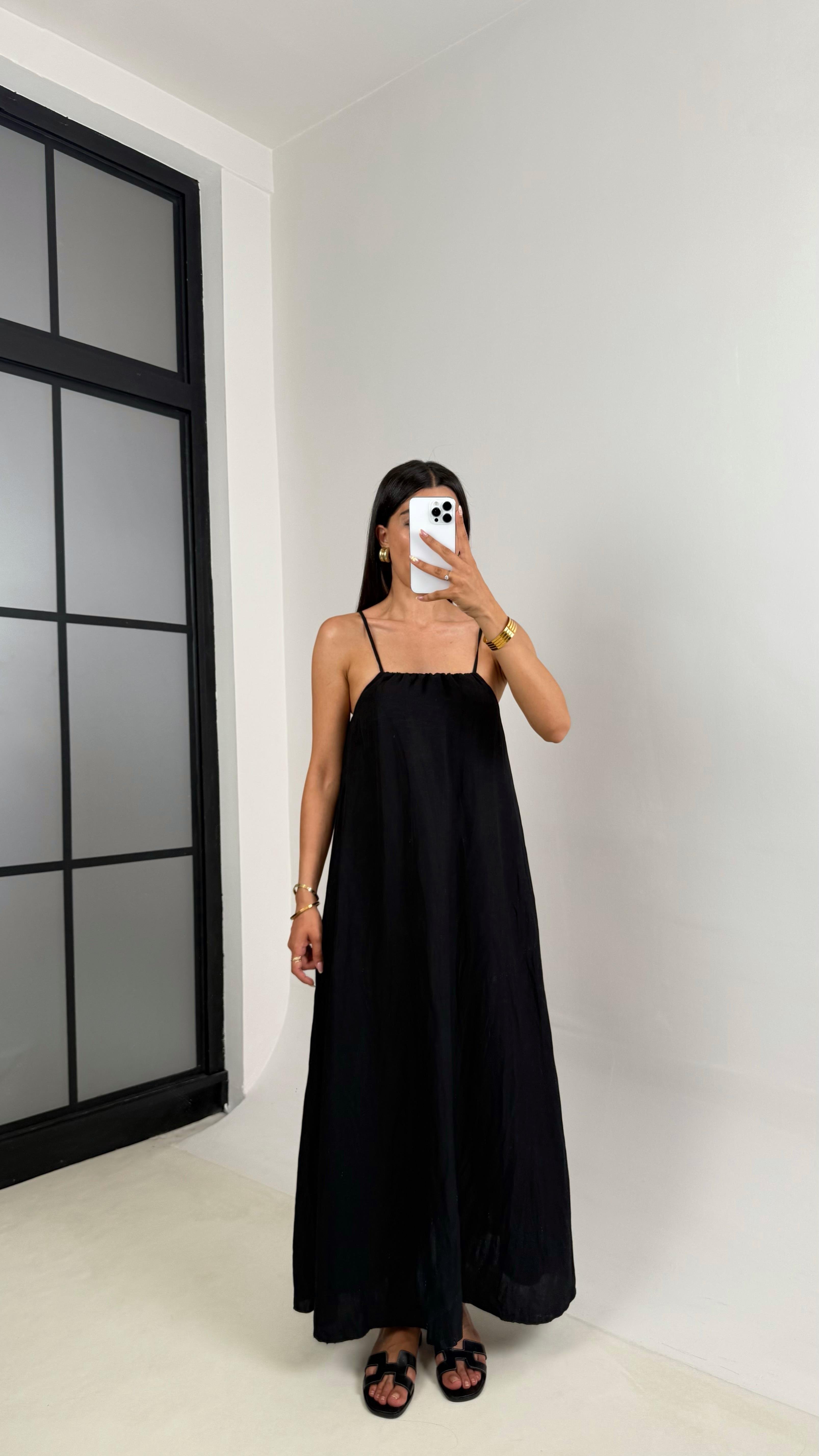 Siyah Ayarlanabilir Askılı Muadil Kırışık Kumaş Elbise Gaus00674GausELBİSEGU1002553