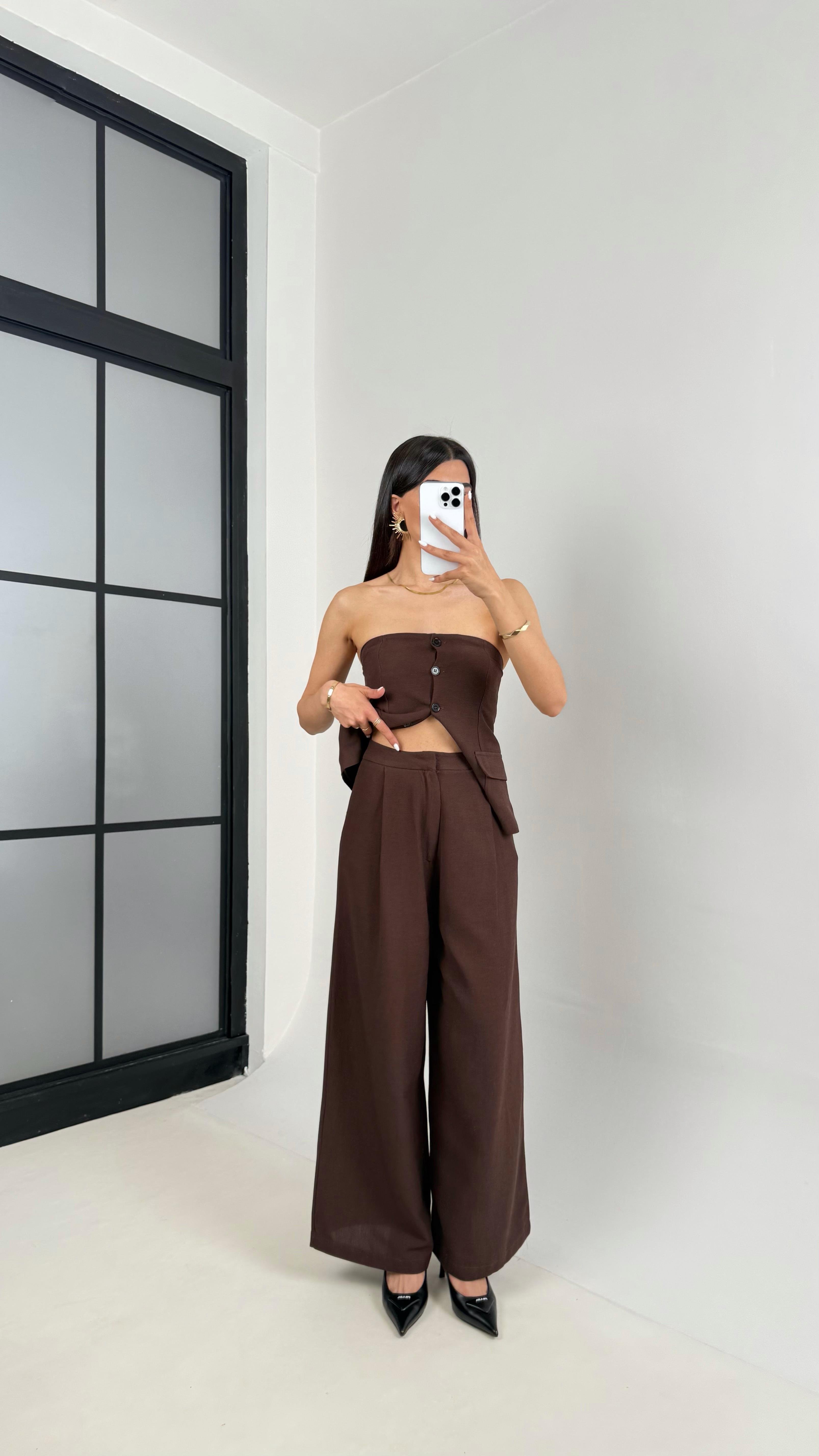 Acı Kahve Straplez Düğmeli Üst Cepli Pantolon İkili Keten Tasarım Takım Gaus00440GausTAKIMGU1002021