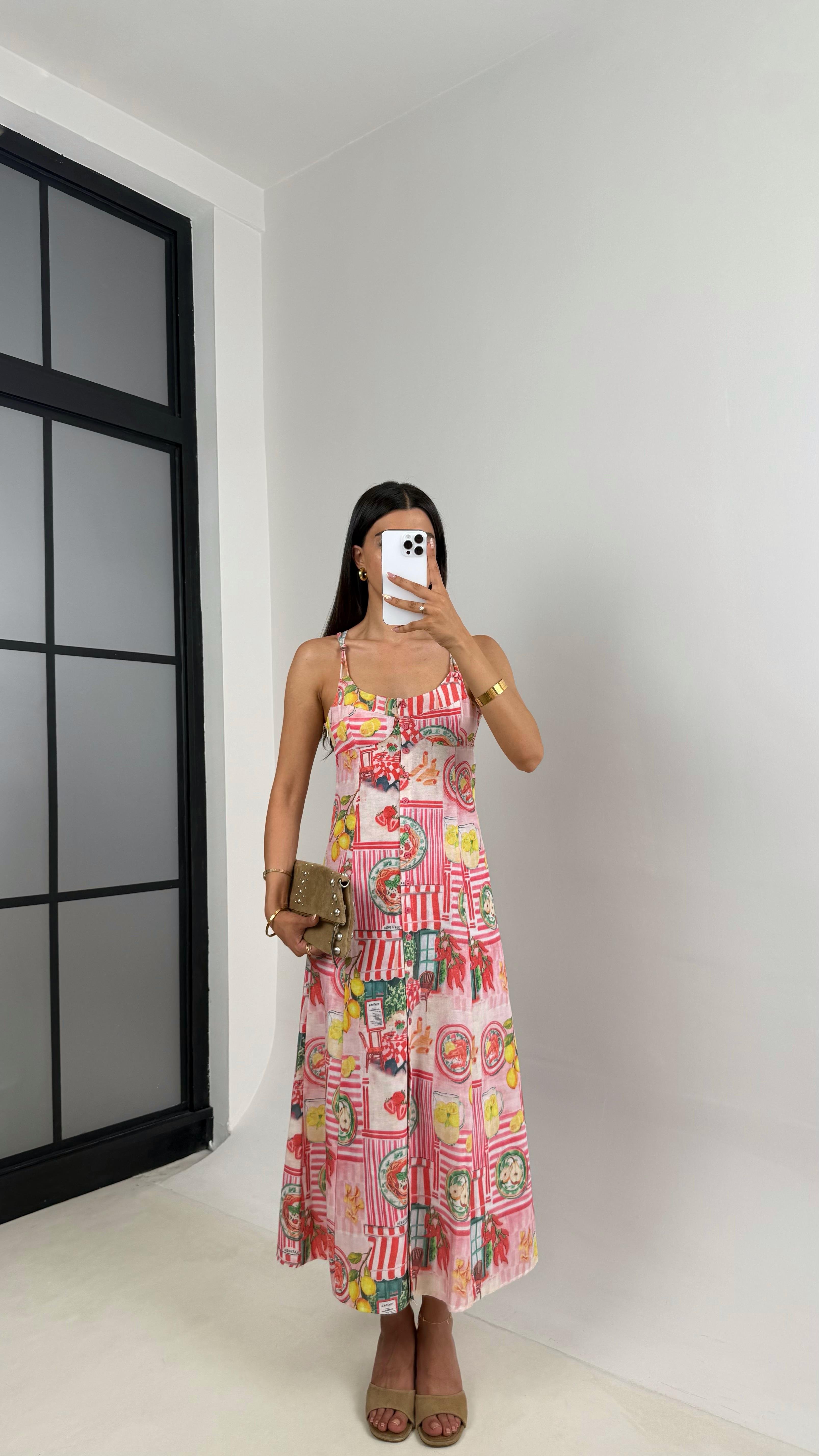 Pembe Desenli Önü Düğmeli Sırt Dekolteli Pinterest Keten Elbise Gaus00673GausELBİSEGU1002551