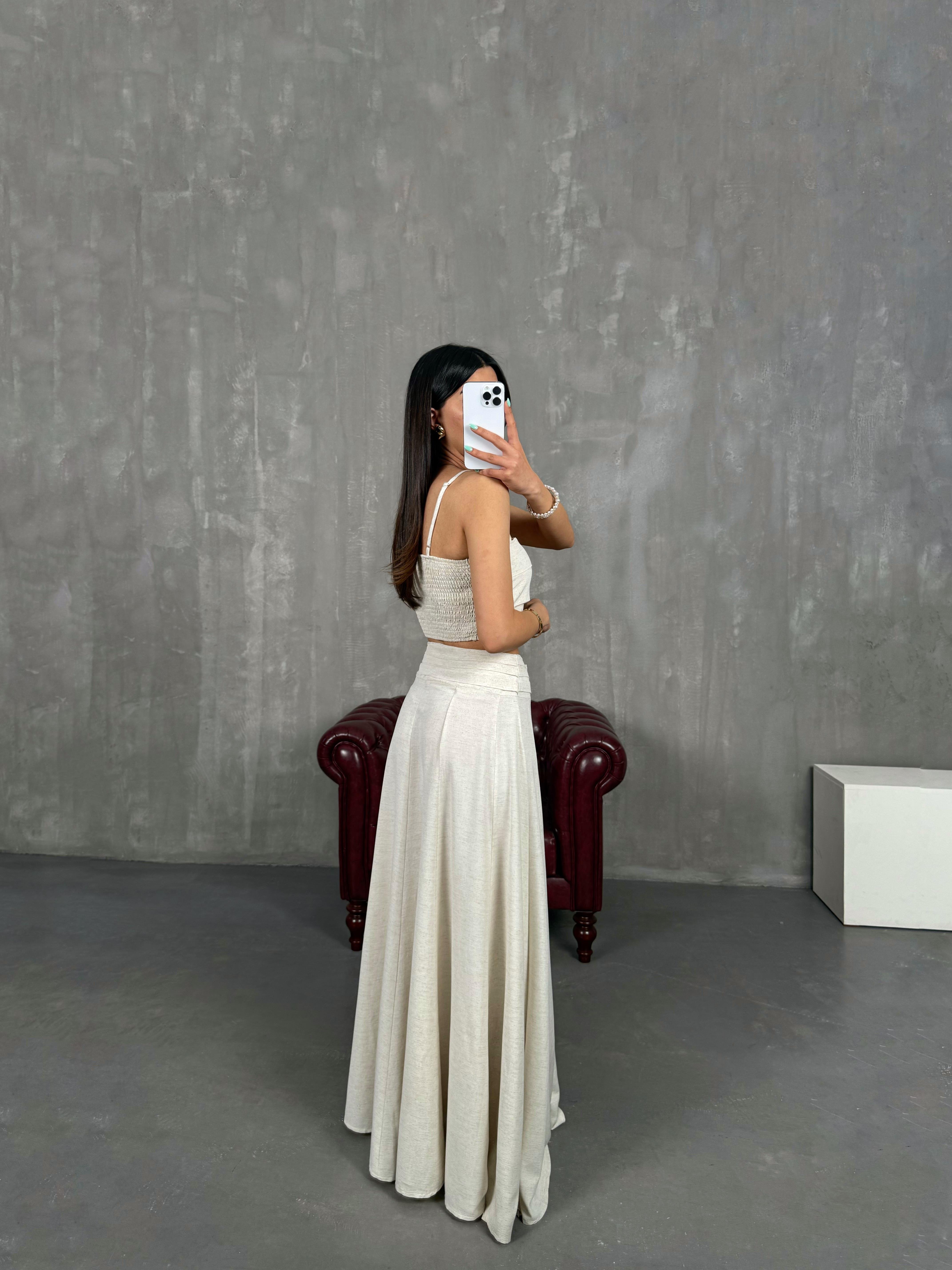 Taş Ayarlanabilir Askılı Straplez Crop Etek İkili Keten Takım Gaus00248GausTAKIMGU1001574