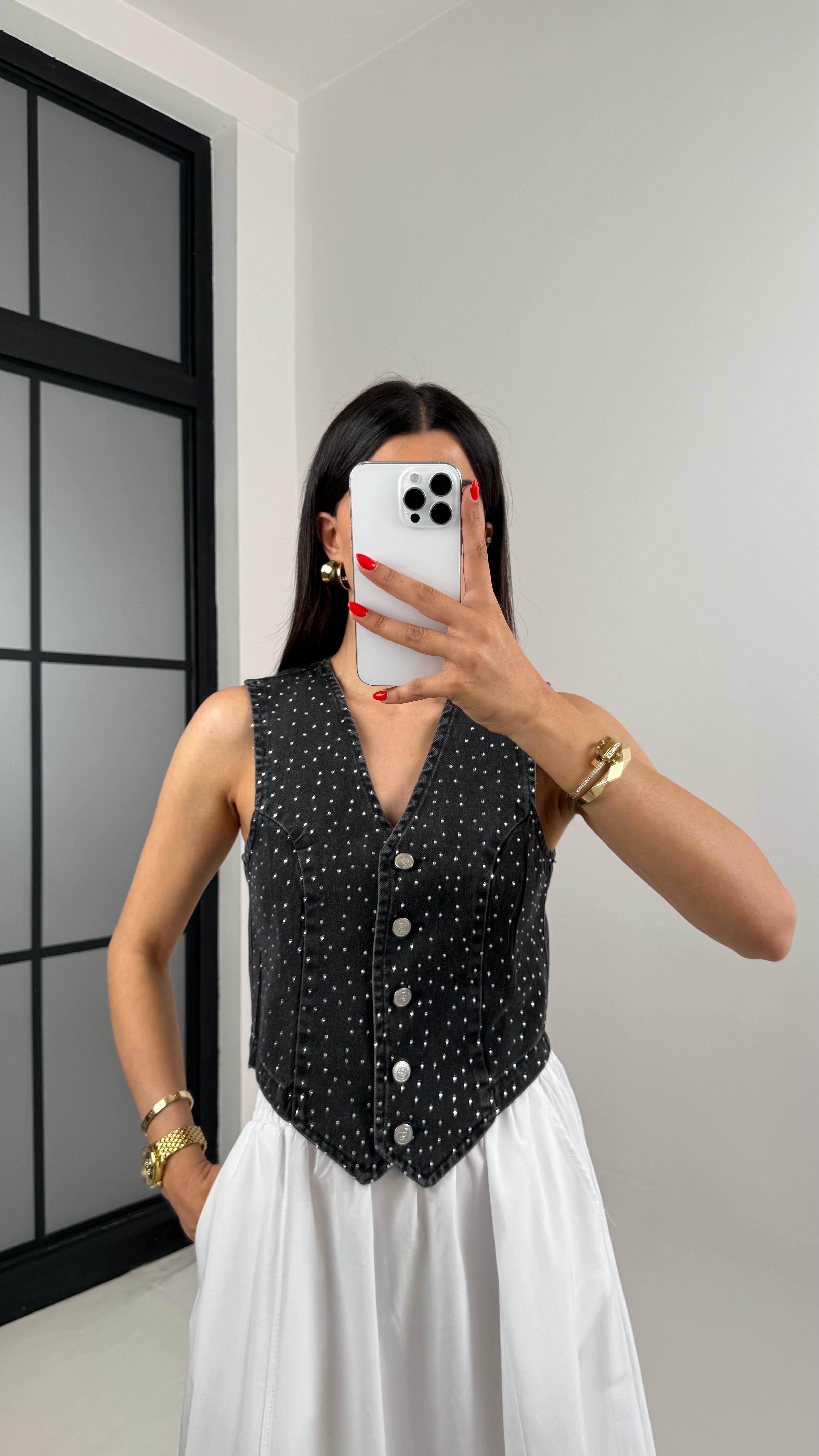 Antrasit Taşlı Tasarım Denim Yelek Gaus00486GausYELEKGU1002140