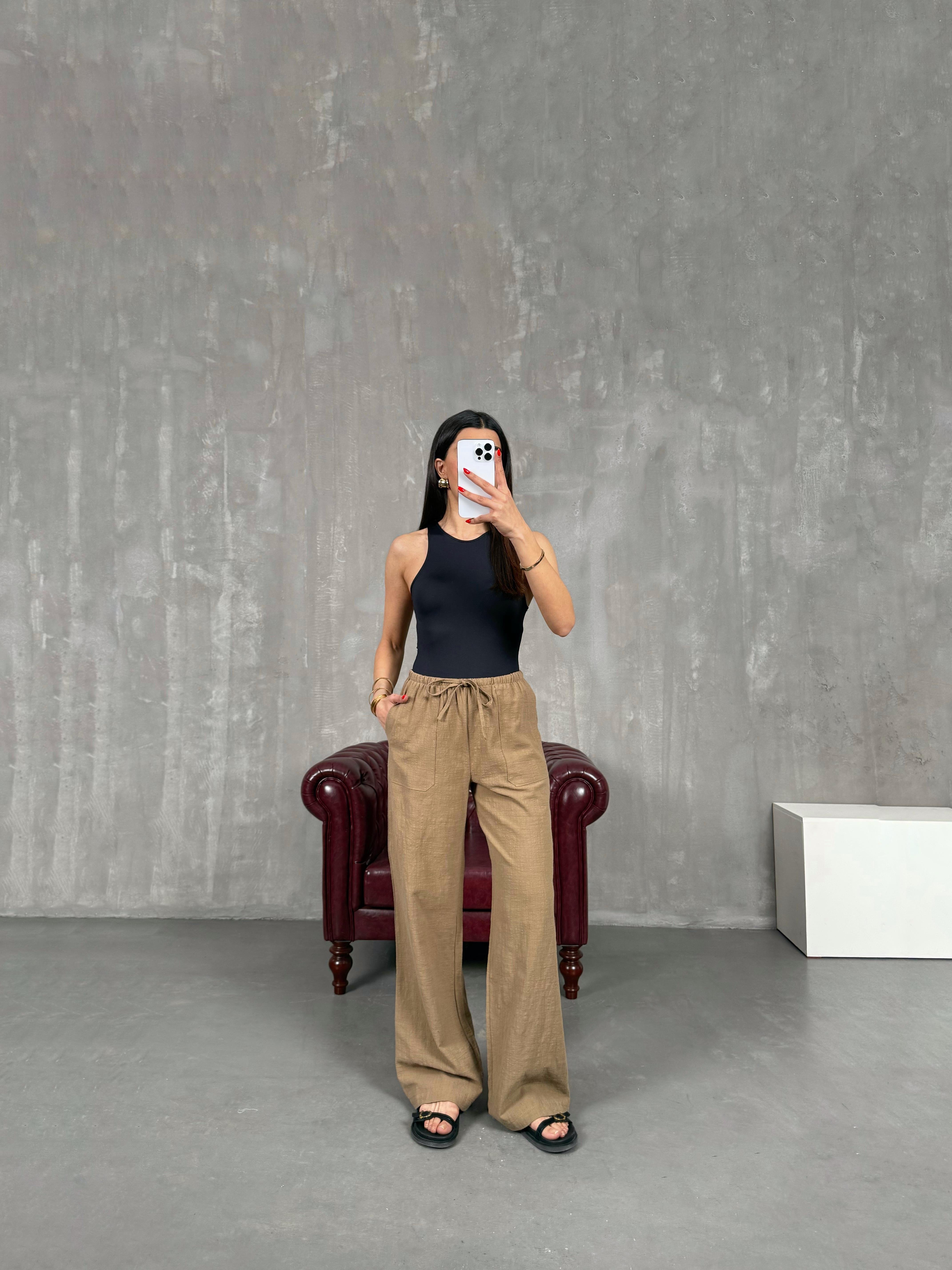 Kahve Beli Lastikli Keten Pantolon Gaus00156GausPANTOLONGU1001359