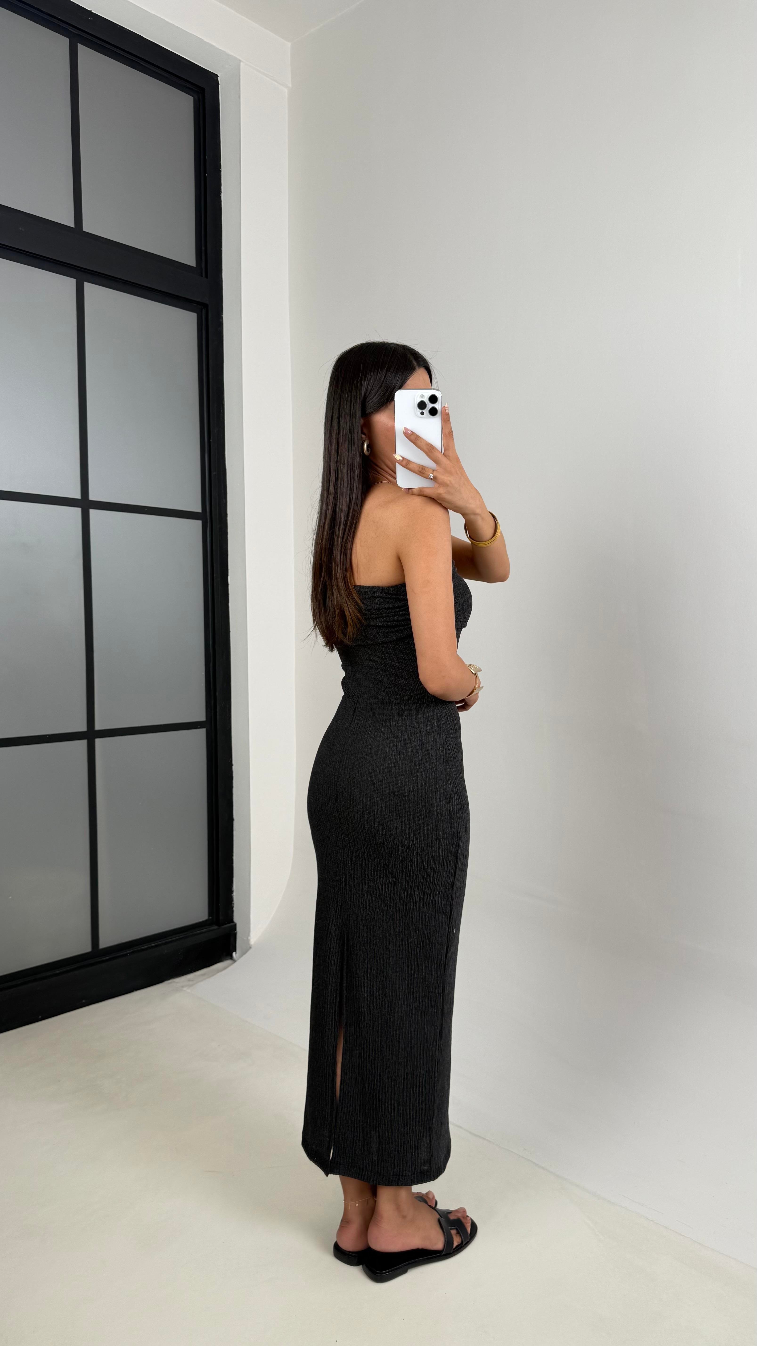 Antrasit Straplez Yırtmaçlı Bürümcük Elbise Gaus00645GausELBİSEGU1002497